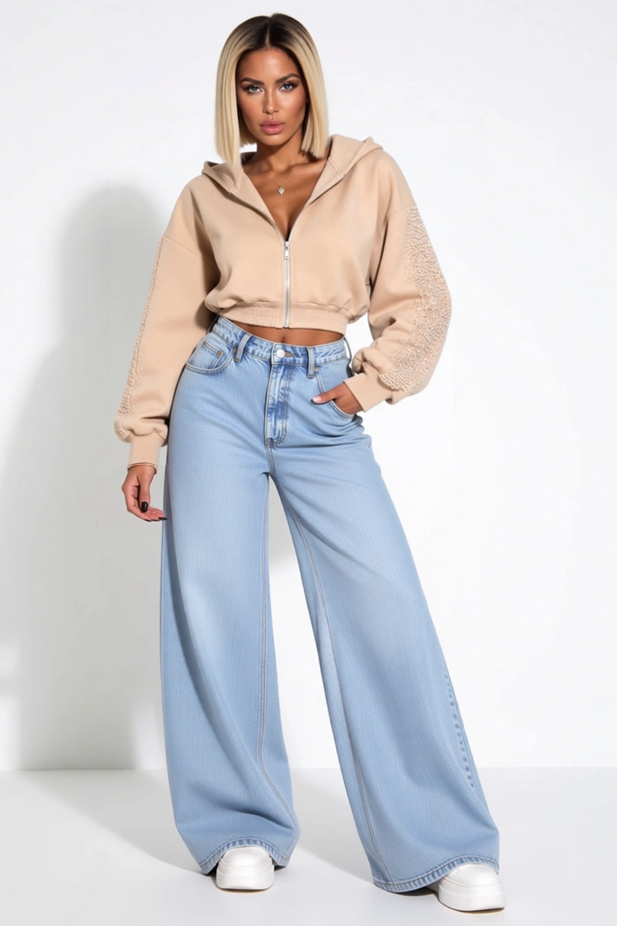 Kadın Taş Baskı Detaylı Fermuarlı Crop Sweatshirt Ve Geniş Paça Eşofman Takımı Kapüşonlu Zarif Rahat