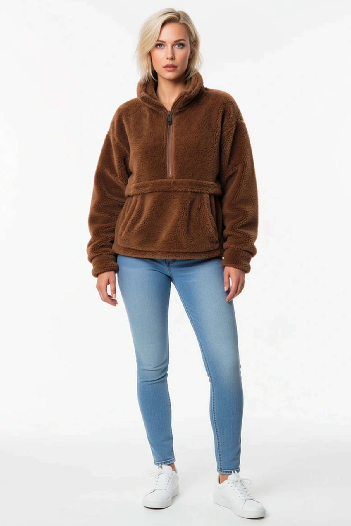 Kadın Yarım Fermuarlı Kanguru Cepli Pelüş Wellsoft Sweatshirt Oversize Sıcak Günlük Konforlu Kalın
