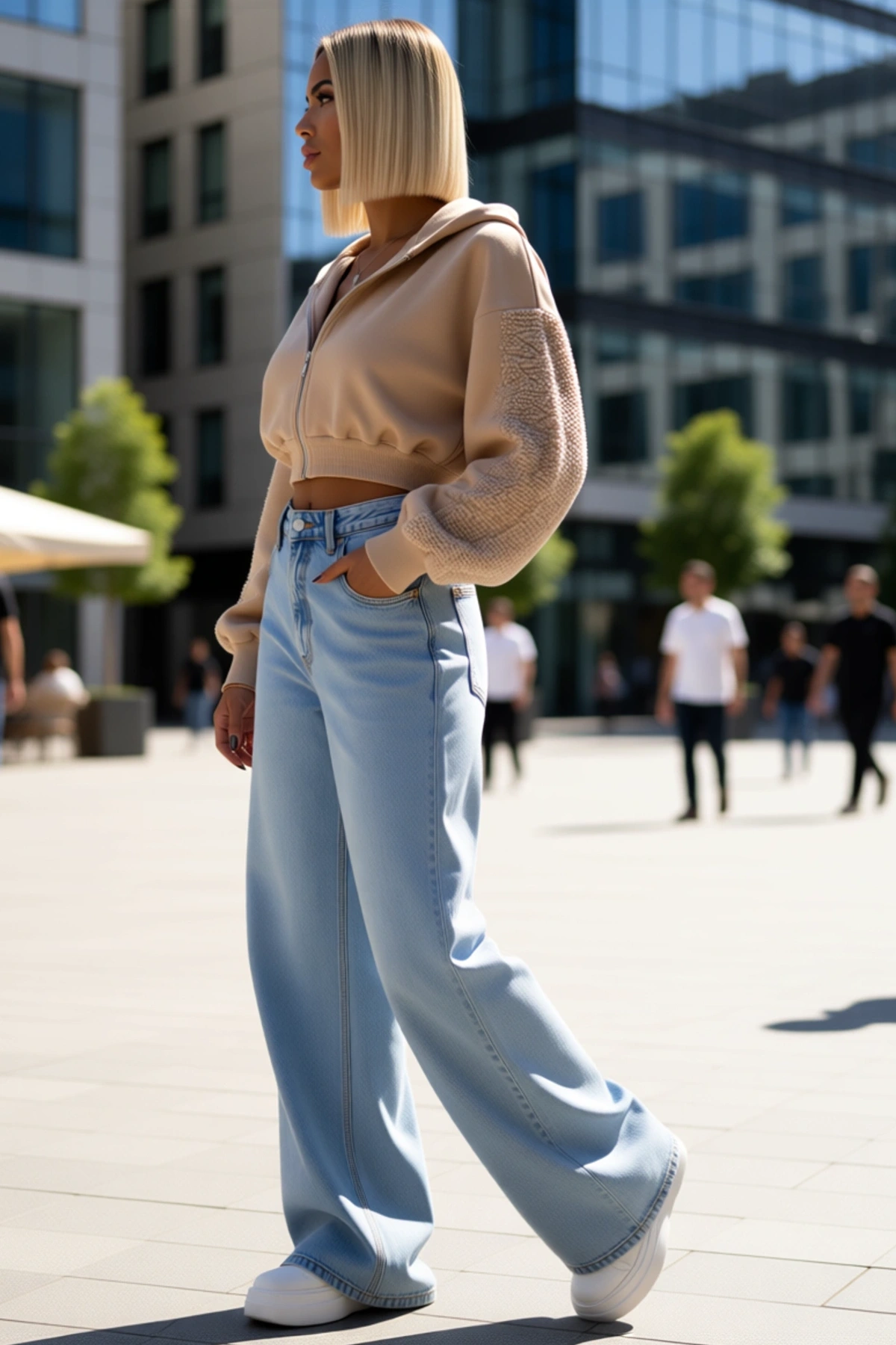 Kadın Taş Baskı Detaylı Fermuarlı Crop Sweatshirt Ve Geniş Paça Eşofman Takımı Kapüşonlu Zarif Rahat