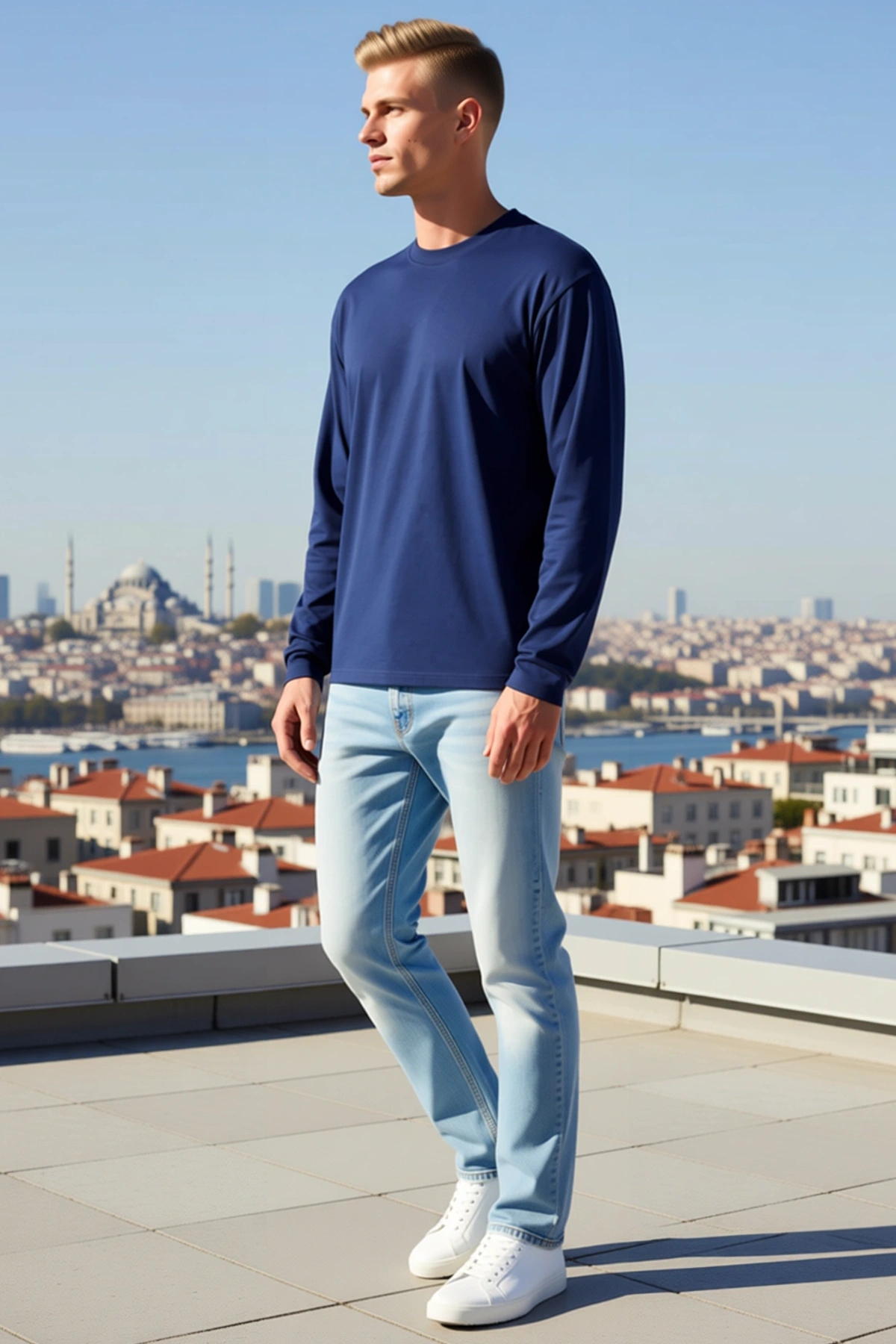 Erkek Modal Yumuşak Dokulu Bisiklet Yaka Uzun Kollu Tişört Sweatshirt Rahat Kesim Günlük Konforlu