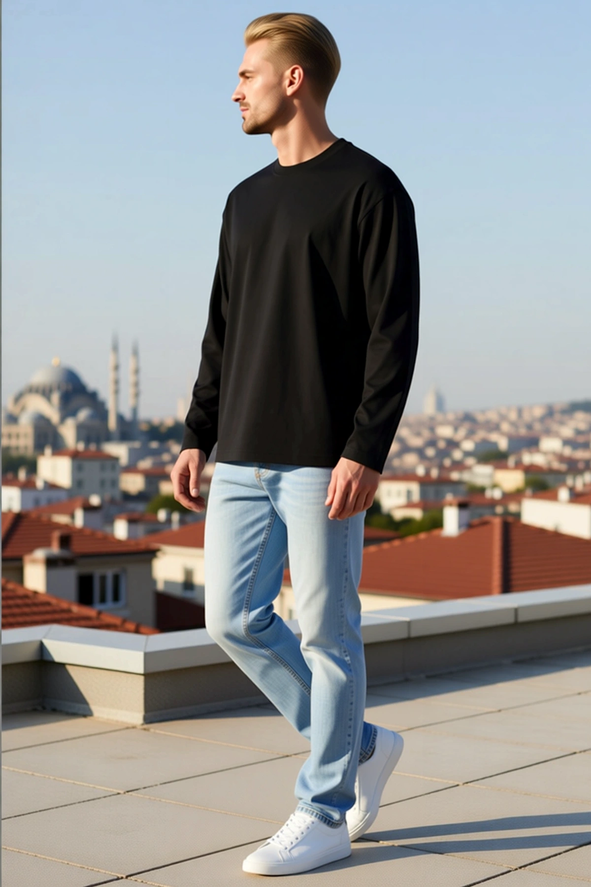 Erkek Modal Yumuşak Dokulu Bisiklet Yaka Uzun Kollu Tişört Sweatshirt Günlük Rahat Kesim Sezonluk