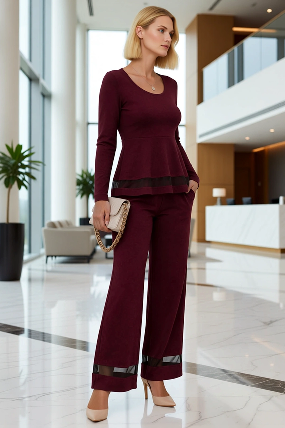 Kadın Uzun Kollu Yuvarlak Yakalı Tül Detaylı İthal Krep Bluz Pantolon İkili Takım Peplum Rahat Şık