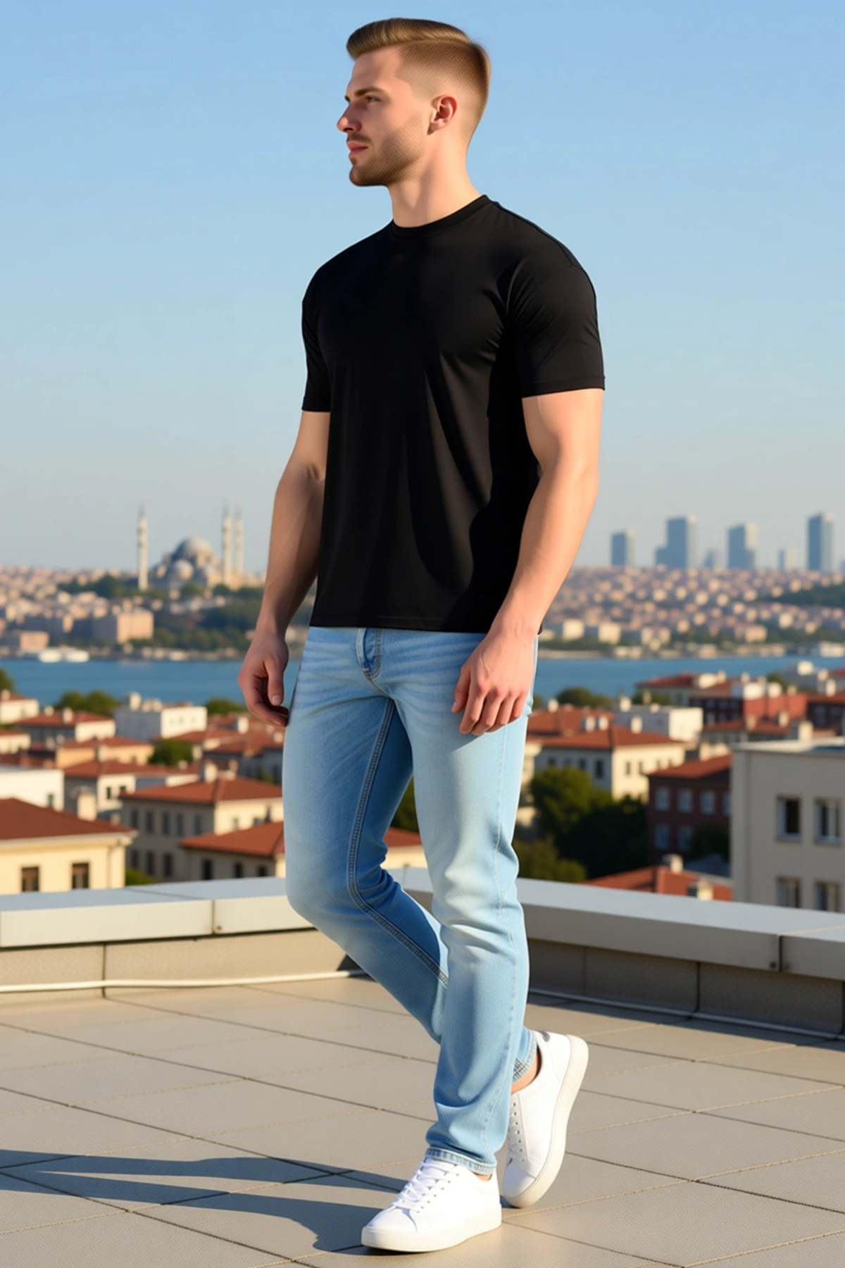 Erkek Kısa Kollu Bisiklet Yaka Dar Kesim Rahat Kalıp Basic Tişört Günlük Konforlu Sezonluk Modern