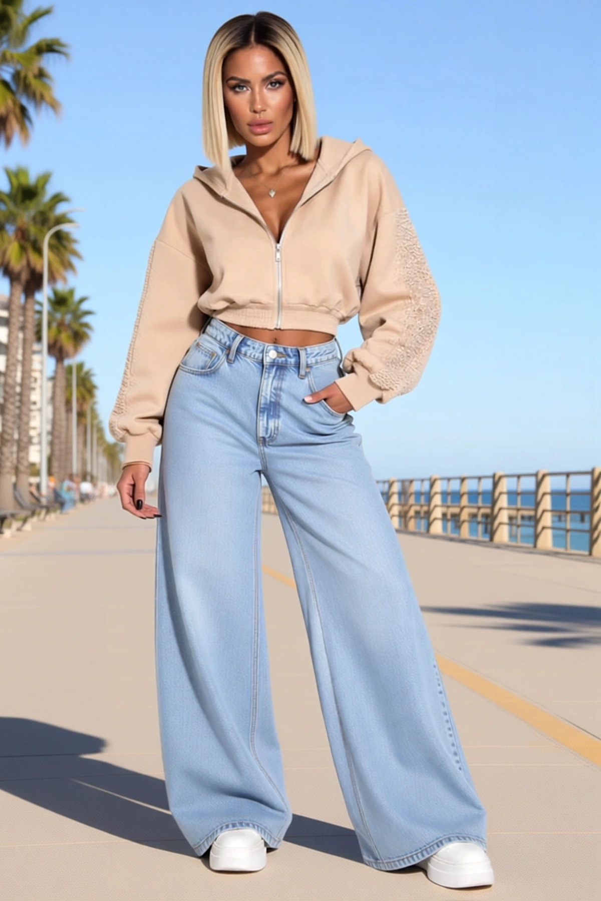 Kadın Taş Baskı Detaylı Fermuarlı Crop Sweatshirt Ve Geniş Paça Eşofman Takımı Kapüşonlu Zarif Rahat