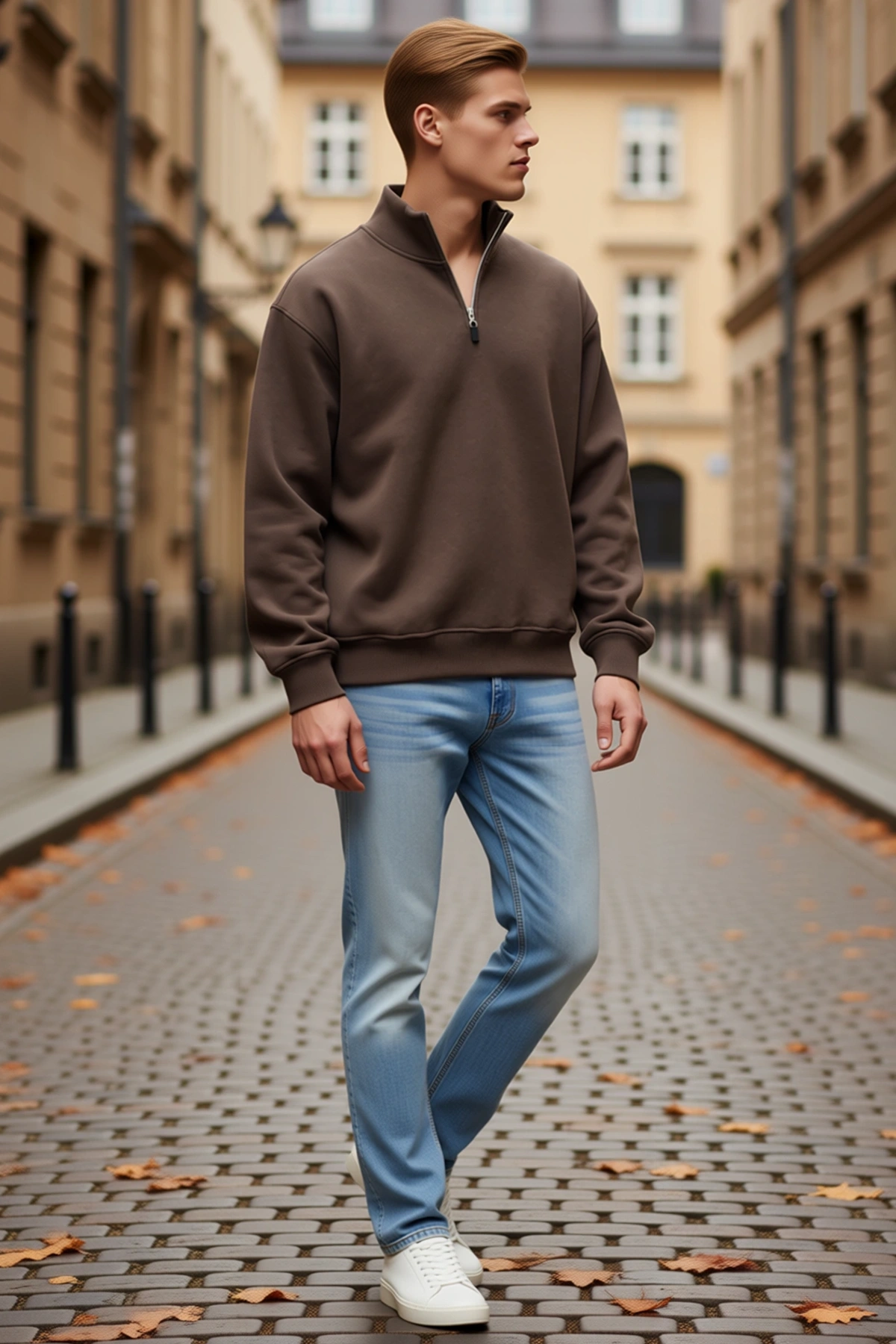 Erkek Üç İplik İçi Şardonlu Dik Yaka Yarım Fermuarlı Kışlık Sweatshirt Rahat Kesim Modern Sezonluk