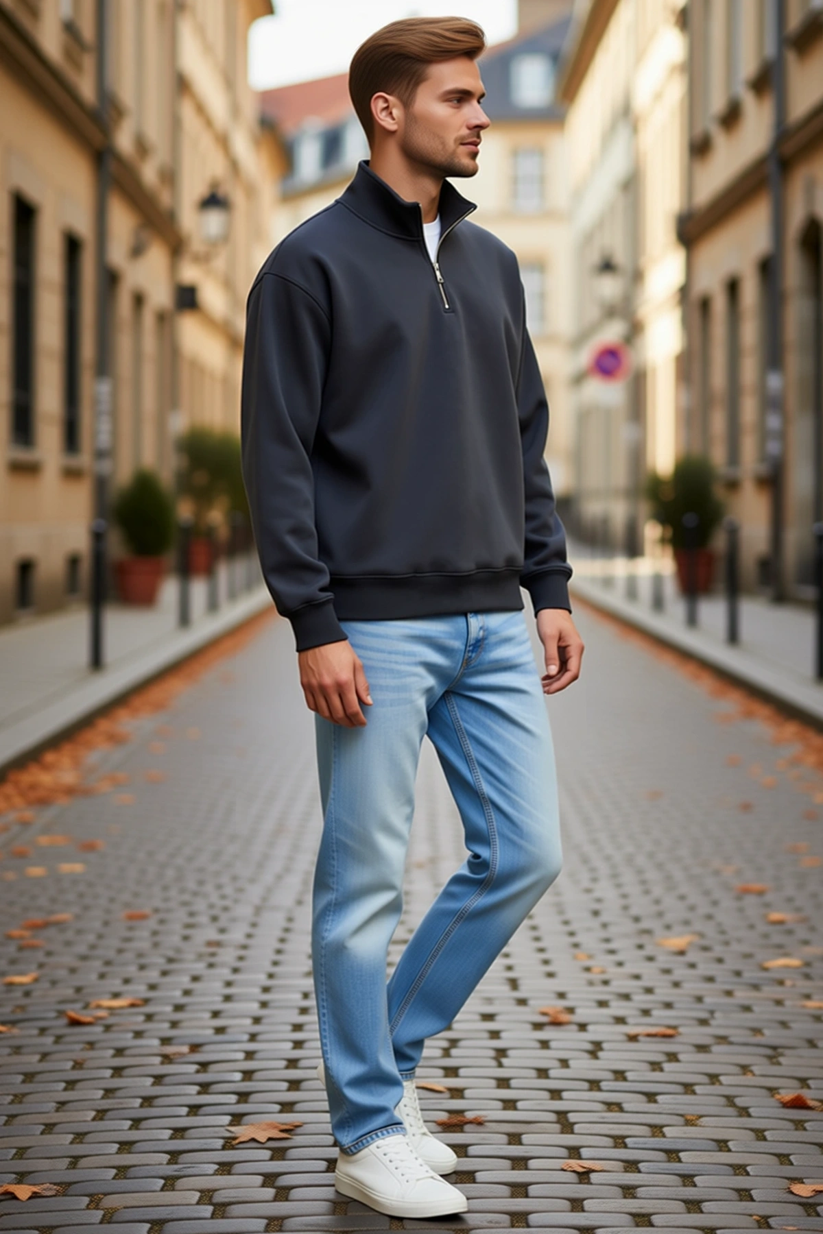 Erkek Üç İplik İçi Şardonlu Dik Yaka Yarım Fermuarlı Uzun Kollu Kışlık Sweatshirt Yumuşak Dokulu