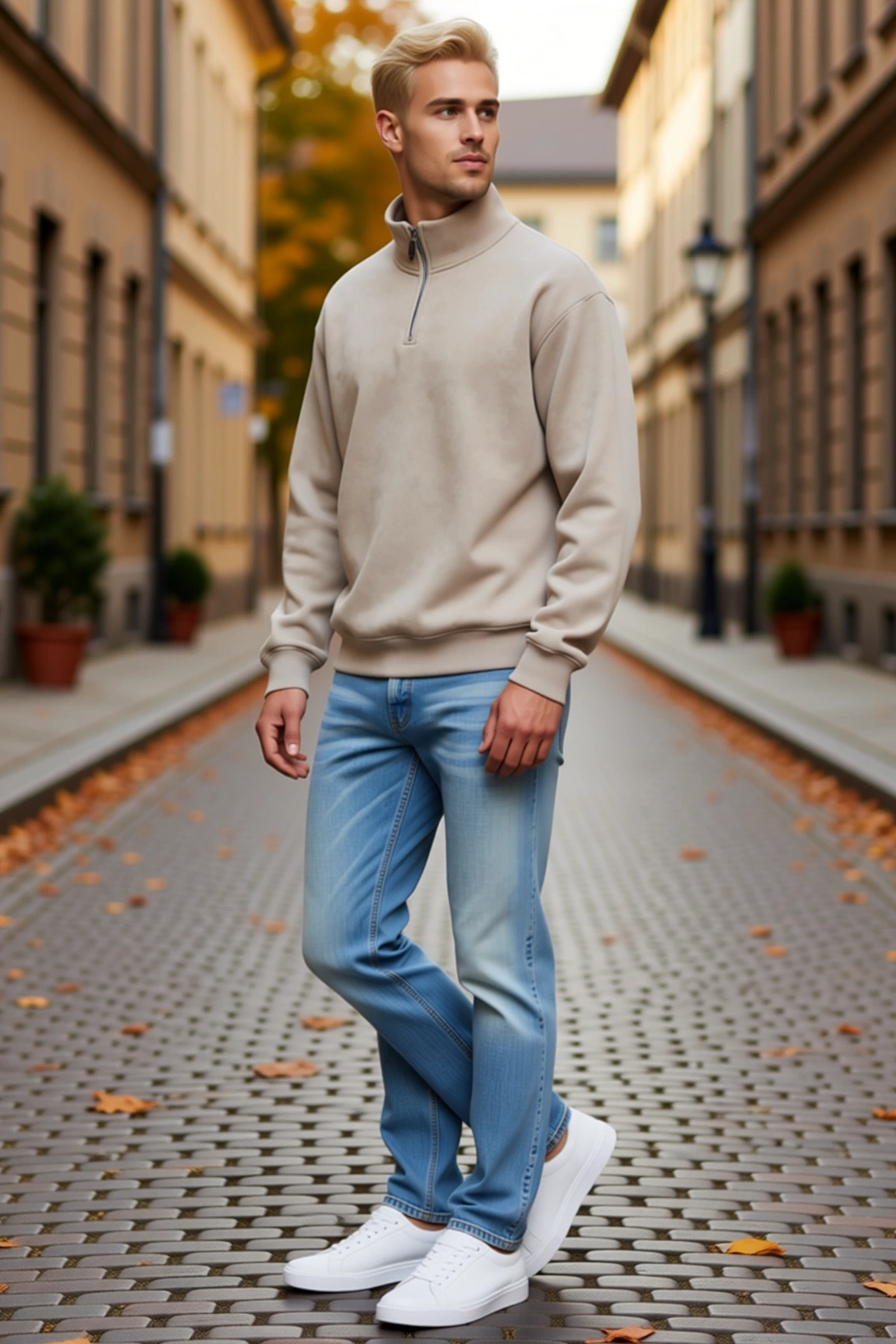 Erkek Üç İplik İçi Şardonlu Dik Yaka Yarım Fermuarlı Kışlık Sweatshirt Rahat Kesim Sezonluk Günlük