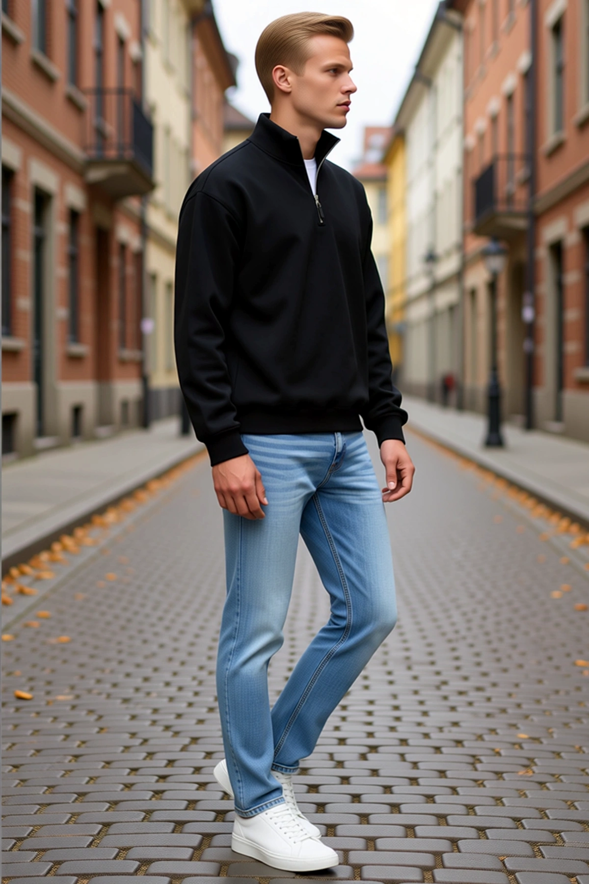 Erkek Üç İplik İçi Şardonlu Dik Yaka Yarım Fermuarlı Kışlık Sweatshirt Günlük Kesim Modern Sezonluk