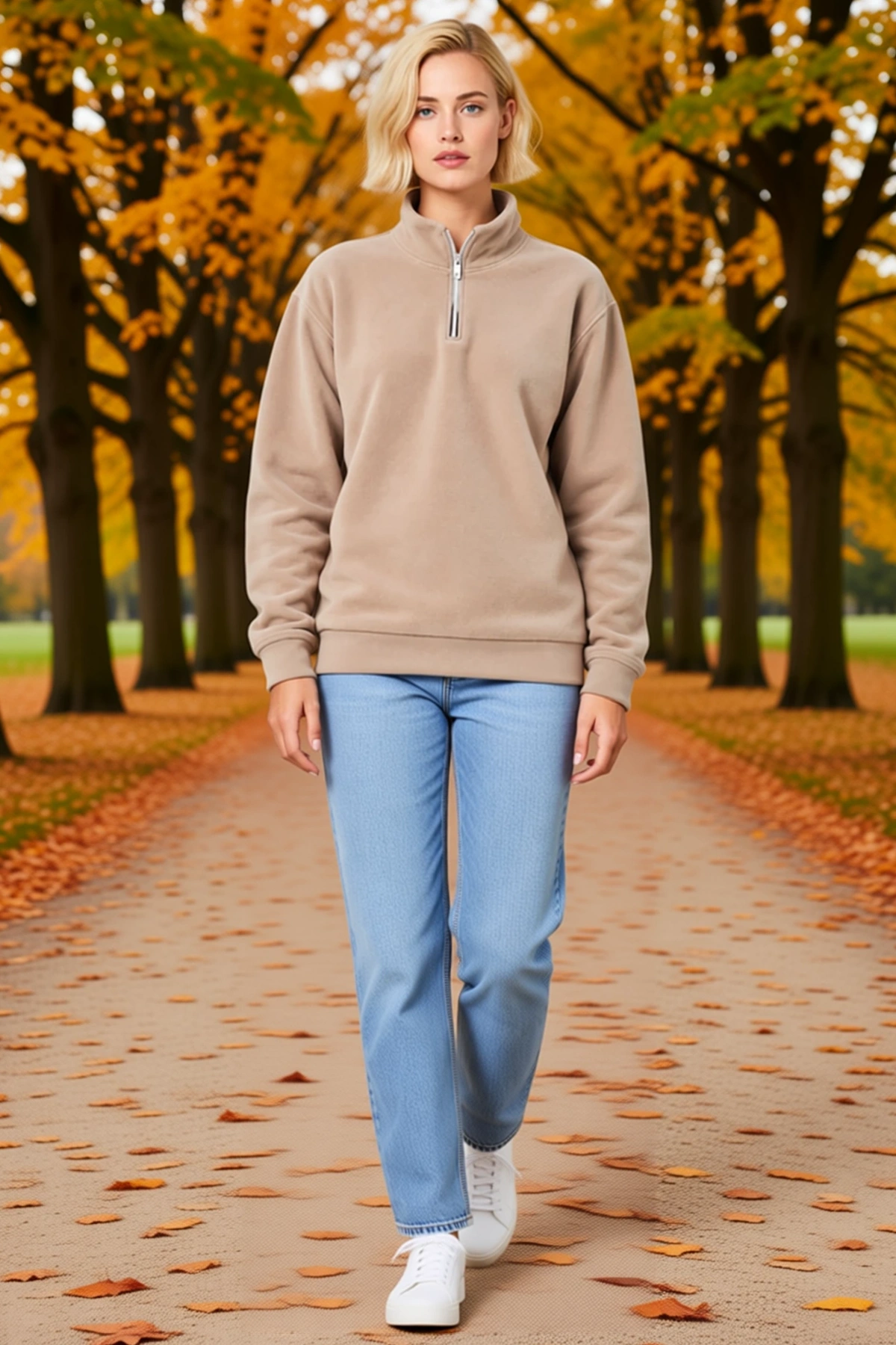Kadın Polar Dik Yaka Yarım Fermuarlı Uzun Kollu Regular Fit Kışlık Sweatshirt Yumuşak Dokulu Rahat