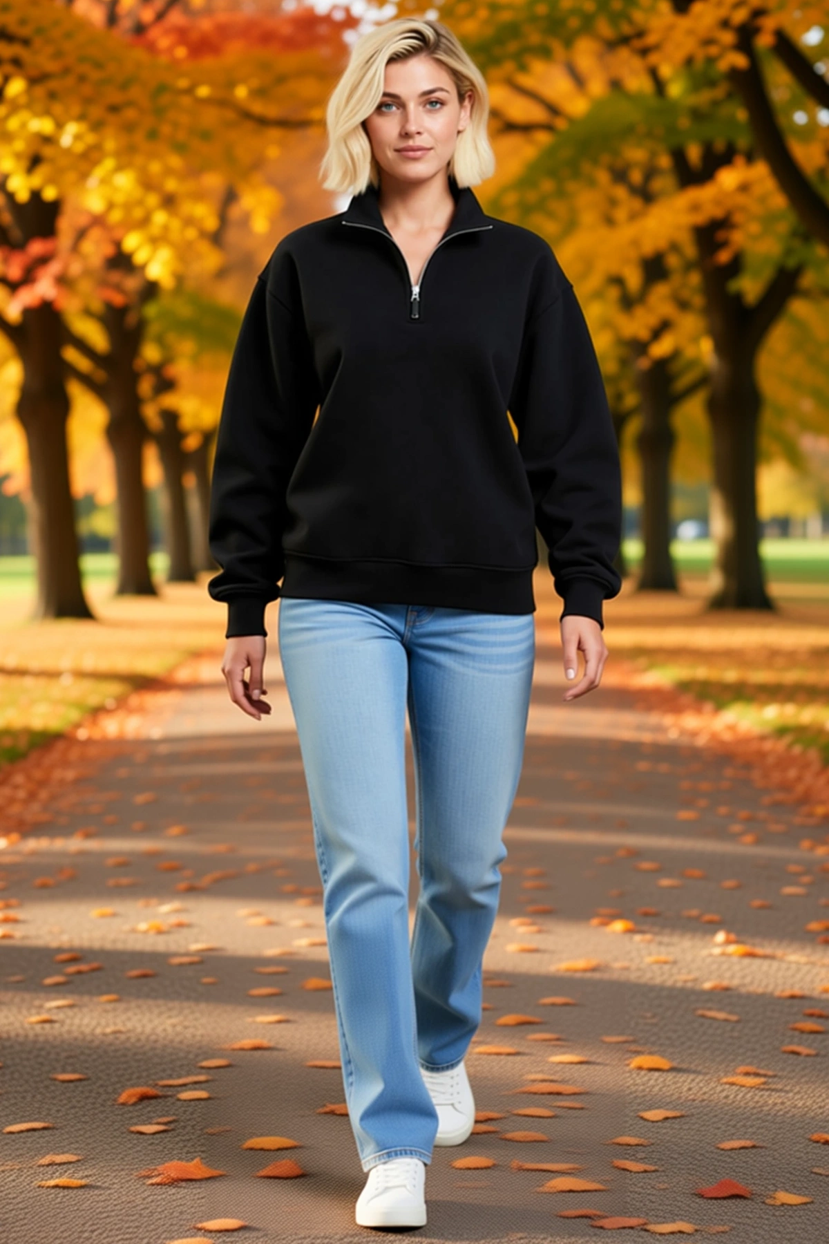 Kadın Üç İplik İçi Şardonlu Dik Yaka Yarım Fermuarlı Kışlık Sweatshirt Günlük Kesim Modern Sezonluk