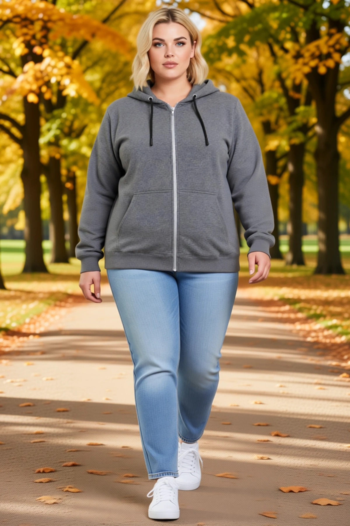 Kadın Büyük Beden Sweatshirt Üç İplik İçi Şardonlu Kapüşonlu Tam Fermuarlı Kışlık Günlük Modern