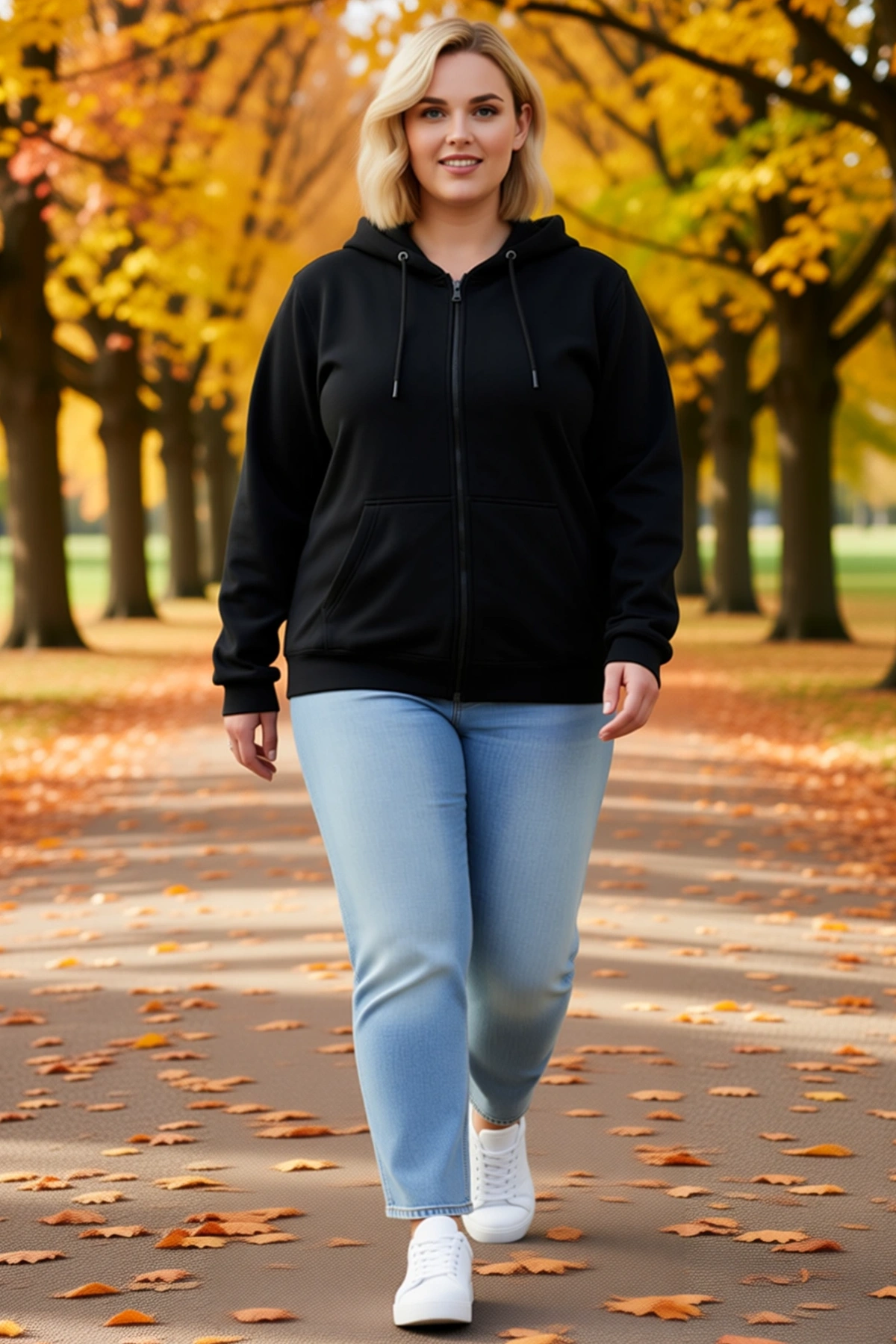 Kadın Büyük Beden Üç İplik İçi Şardonlu Kapüşonlu Tam Fermuarlı Kışlık Sweatshirt Günlük Sezonluk