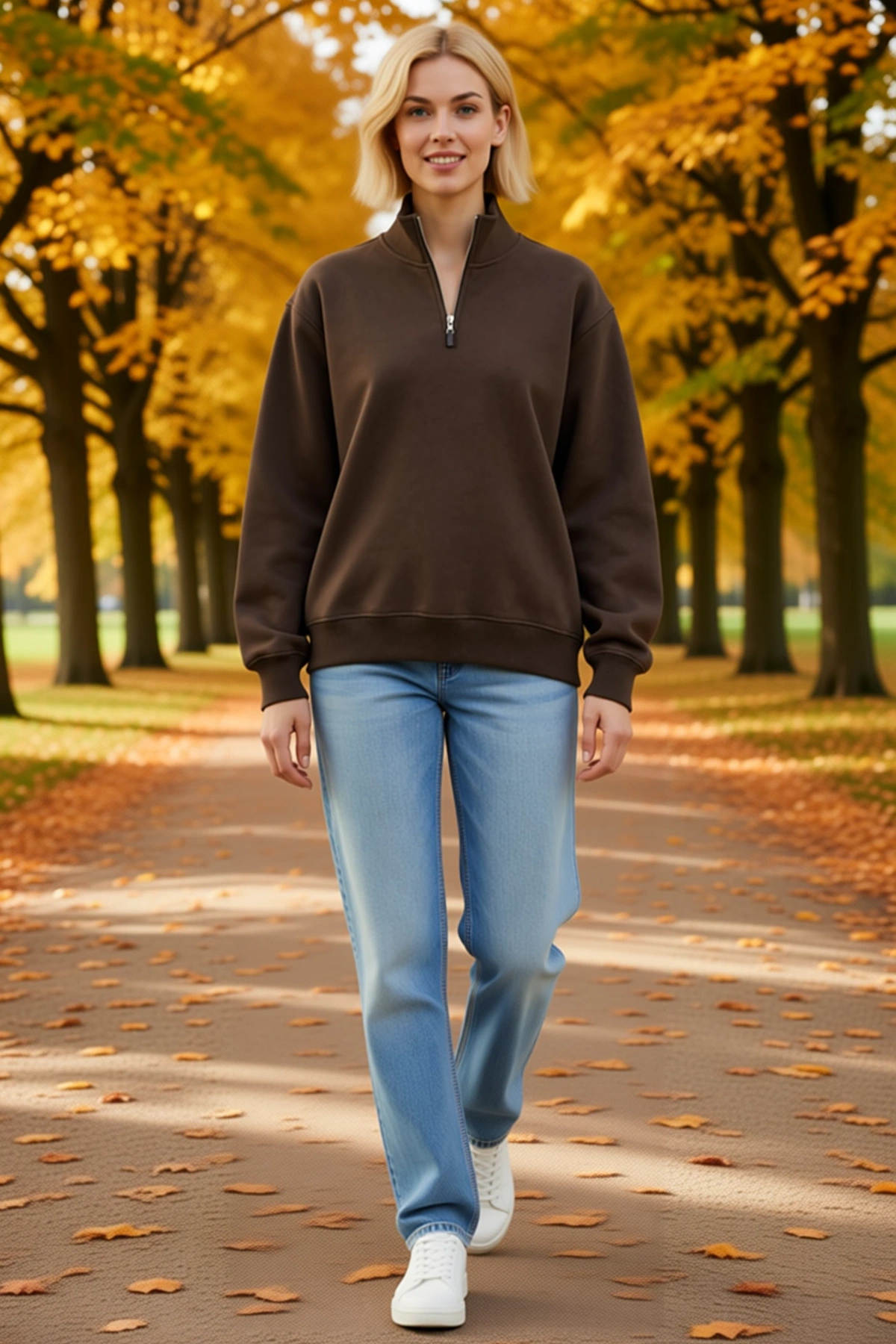 Kadın Üç İplik İçi Şardonlu Dik Yaka Yarım Fermuarlı Kışlık Sweatshirt Oversize Sezonluk Konforlu