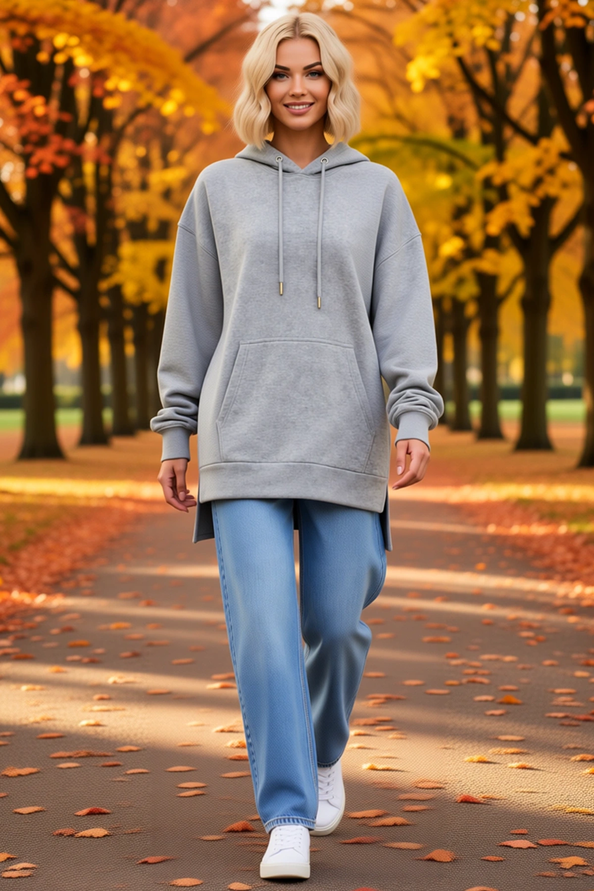 Kadın Uzun Kollu Kapşonlu Bağcıklı Yanlardan Fermuarlı Şardonlu İki İplik Sweatshirt Oversize Rahat
