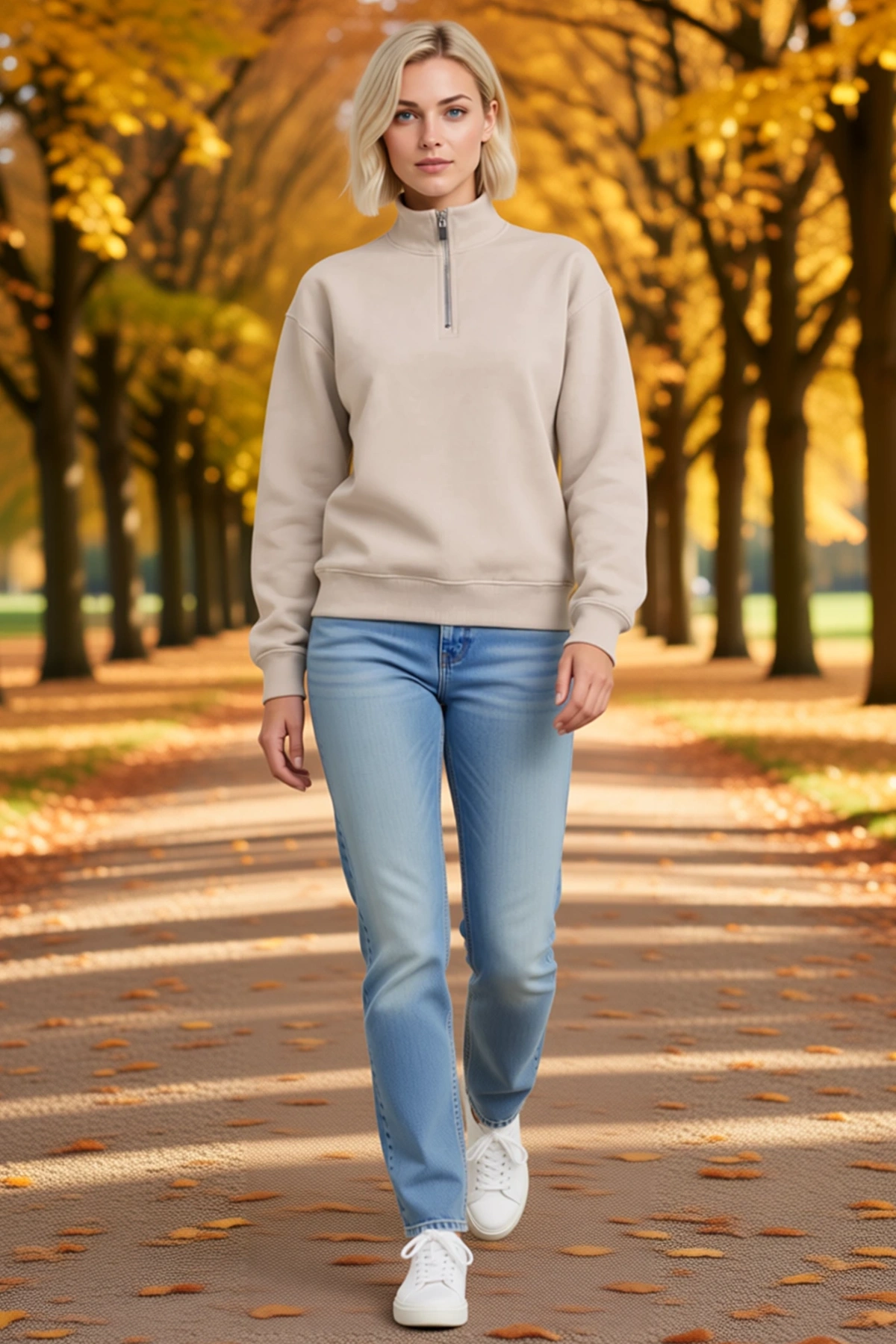 Kadın Üç İplik İçi Şardonlu Dik Yaka Yarım Fermuarlı Kışlık Sweatshirt Rahat Kesim Modern Sezonluk