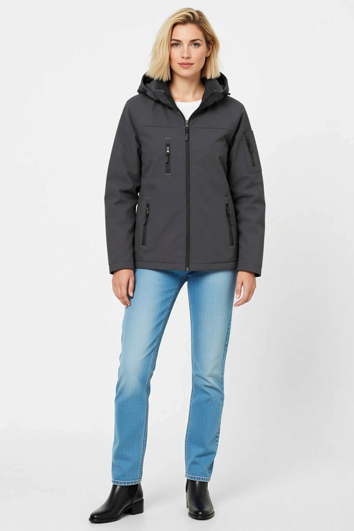 Kadın Su Geçirmez Softshell Polar Astarlı Çıkarılabilir Kapüşonlu 4 Cepli Mont Ceket Günlük Modern