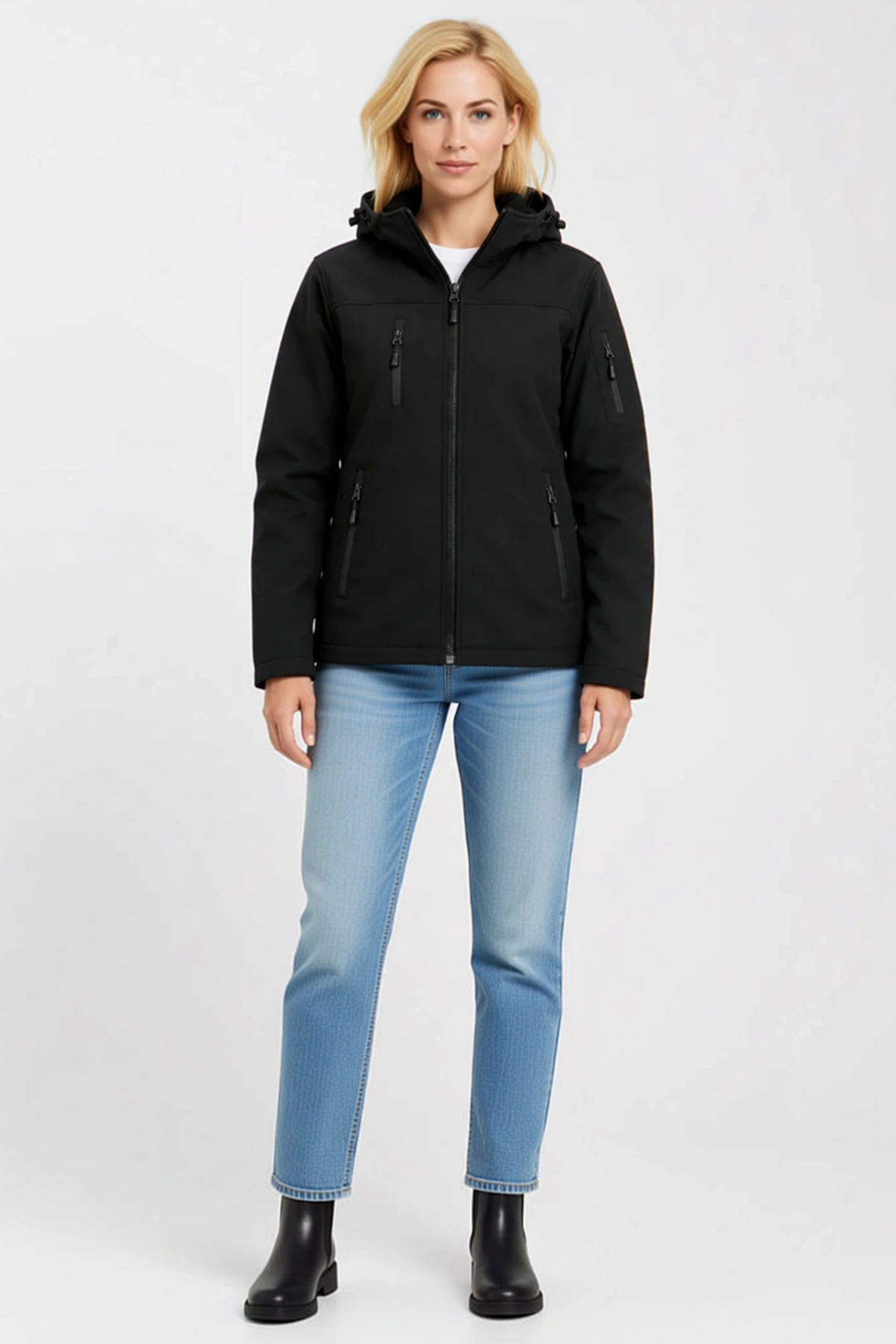 Kadın Su Geçirmez Softshell Kapüşonlu Polar Astarlı Çıkarılabilir 4 Cepli Mont Ceket Dış Giyim Rahat