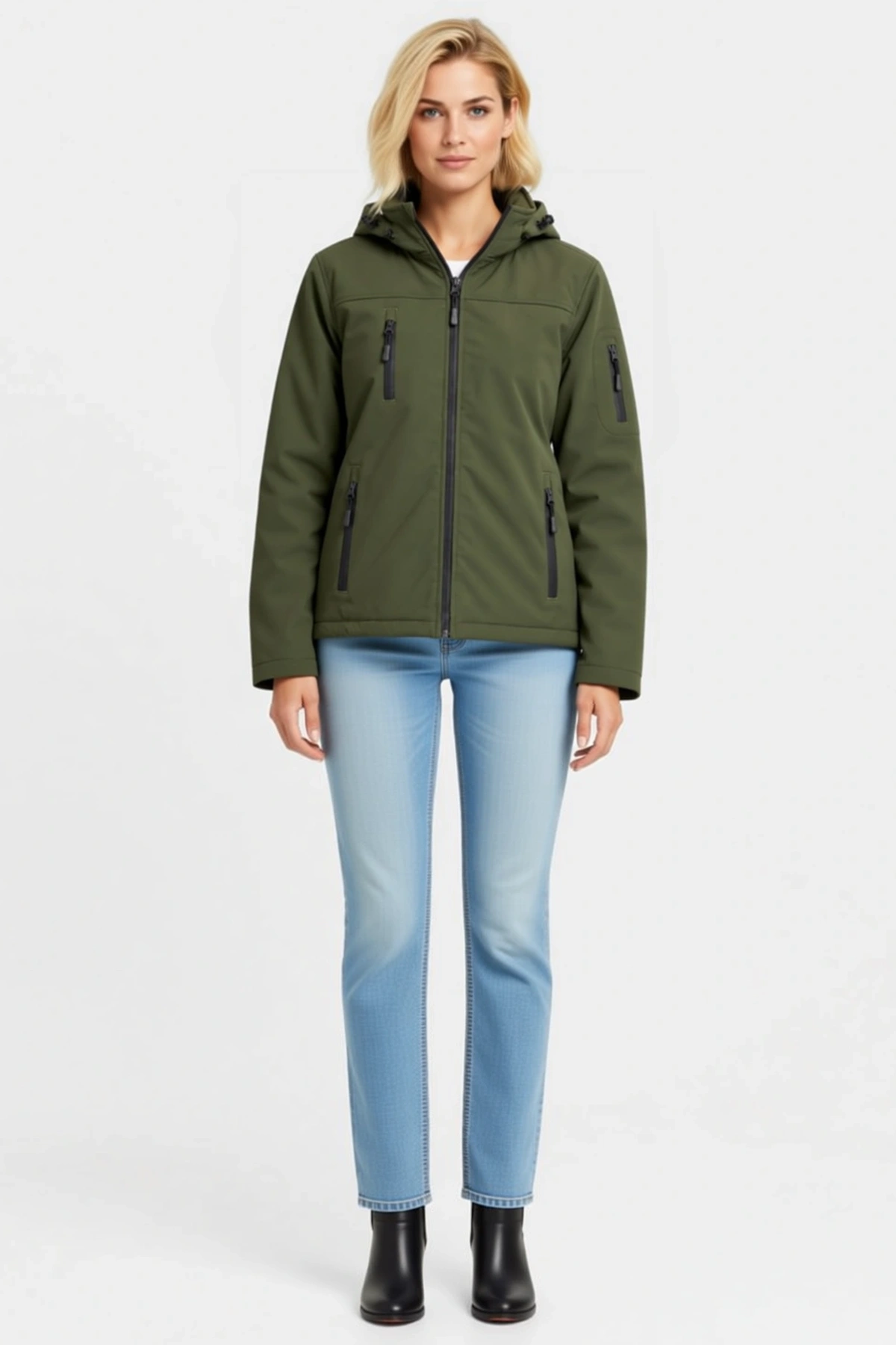 Kadın Su Geçirmez Softshell Polar Astarlı Çıkarılabilir Kapüşonlu Mont Ceket 4 Cepli Kışlık Günlük