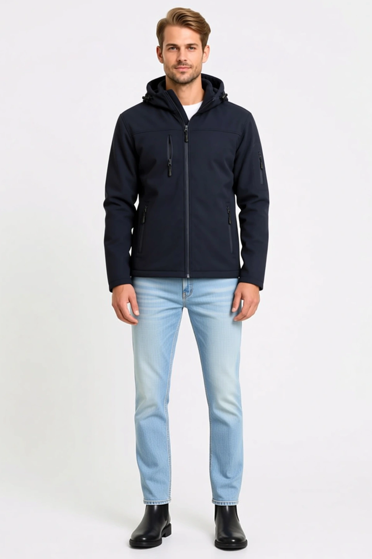 Erkek Su Geçirmez Softshell Polar Astarlı Çıkarılabilir Kapüşonlu 4 Cepli Mont Ceket Günlük Rahat