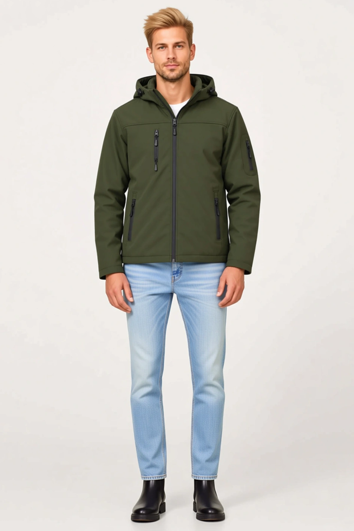 Erkek Su Geçirmez Softshell Polar Astarlı Çıkarılabilir Kapüşonlu 4 Cepli Mont Ceket Günlük Konforlu