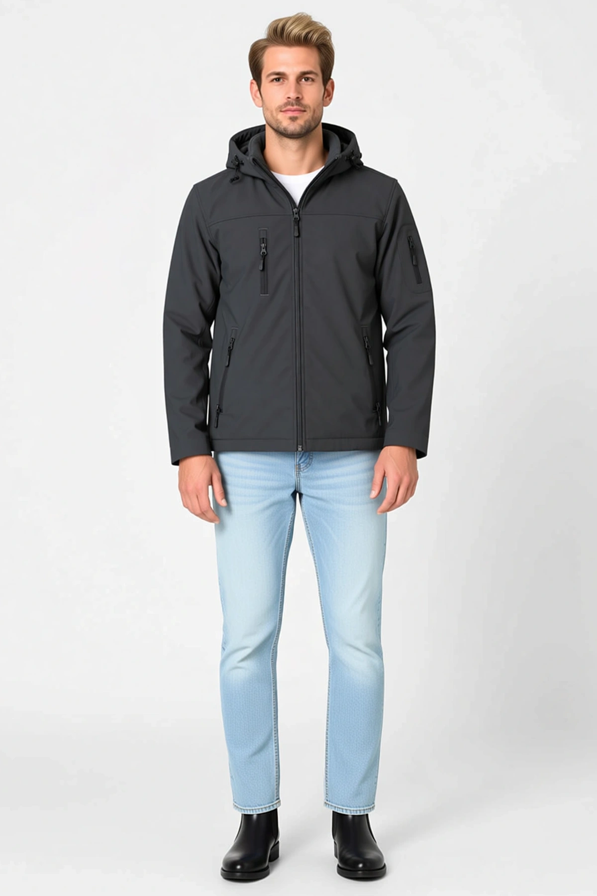 Erkek Su Geçirmez Softshell Polar Astarlı Çıkarılabilir Kapüşonlu 4 Cepli Mont Ceket Günlük Modern