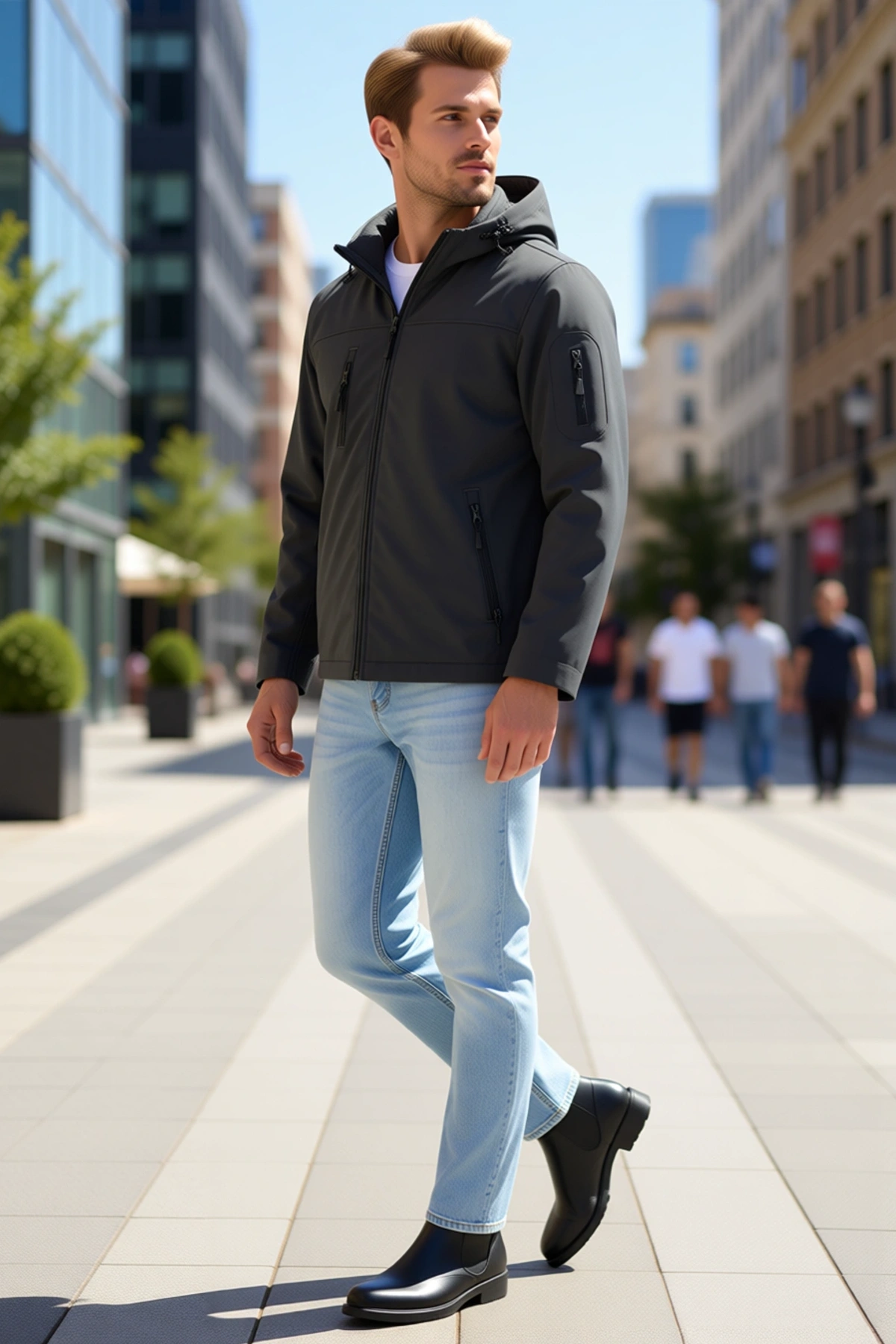Erkek Su Geçirmez Softshell Polar Astarlı Çıkarılabilir Kapüşonlu 4 Cepli Mont Ceket Günlük Modern