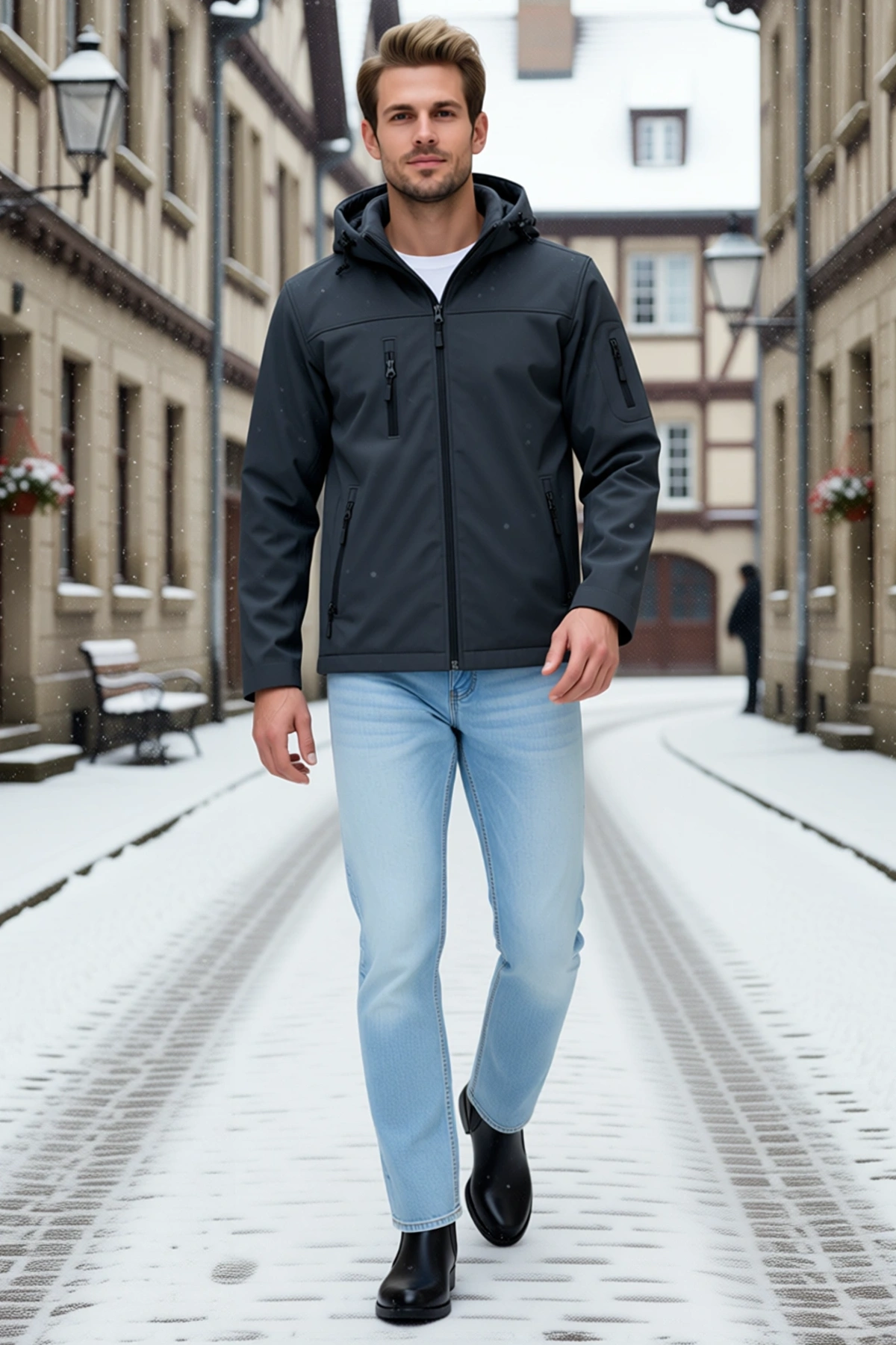 Erkek Su Geçirmez Softshell Polar Astarlı Çıkarılabilir Kapüşonlu 4 Cepli Mont Ceket Günlük Modern