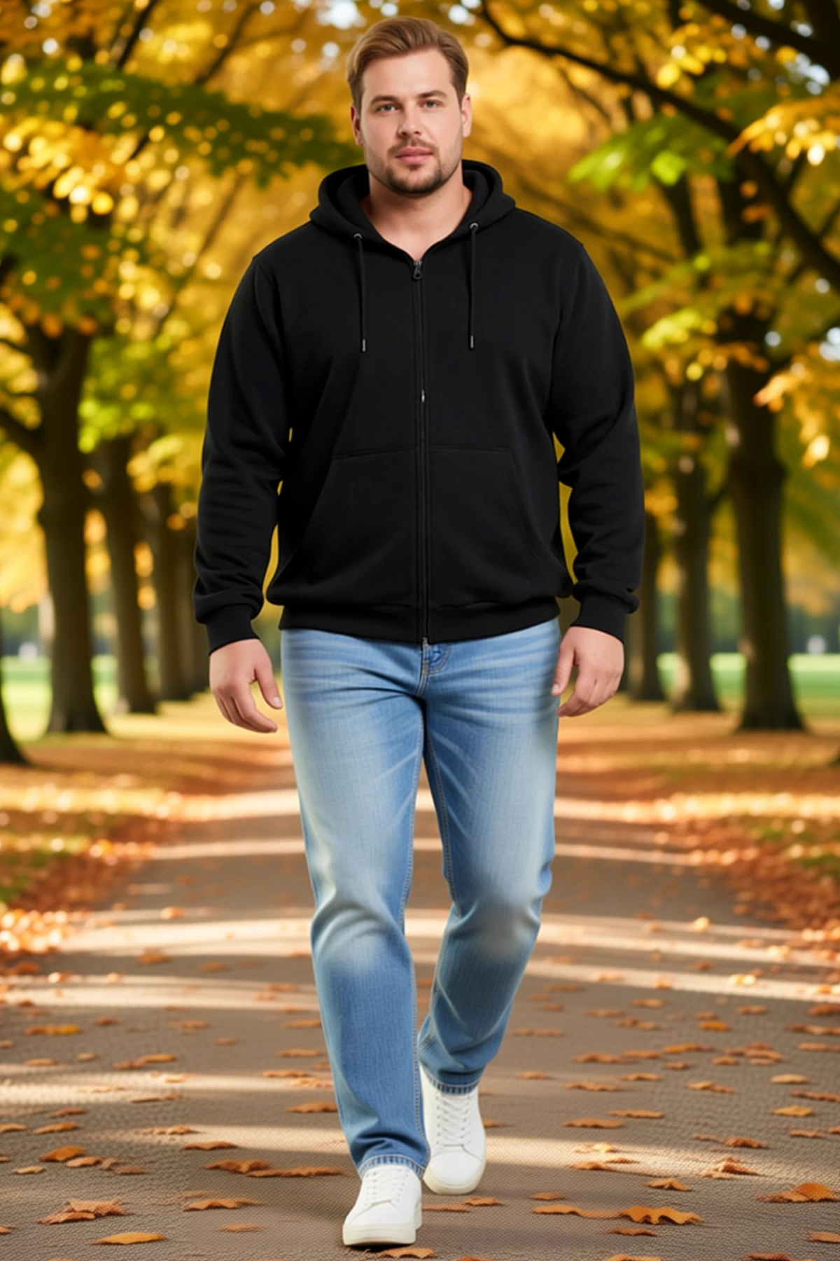 Erkek Büyük Beden Üç İplik İçi Şardonlu Kapüşonlu Tam Fermuarlı Kışlık Günlük Rahat Sweatshirt Şık