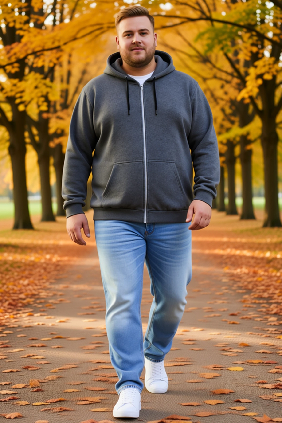 Erkek Battal Büyük Beden Üç İplik İçi Şardonlu Kapüşonlu Tam Fermuarlı Kışlık Sweatshirt Günlük
