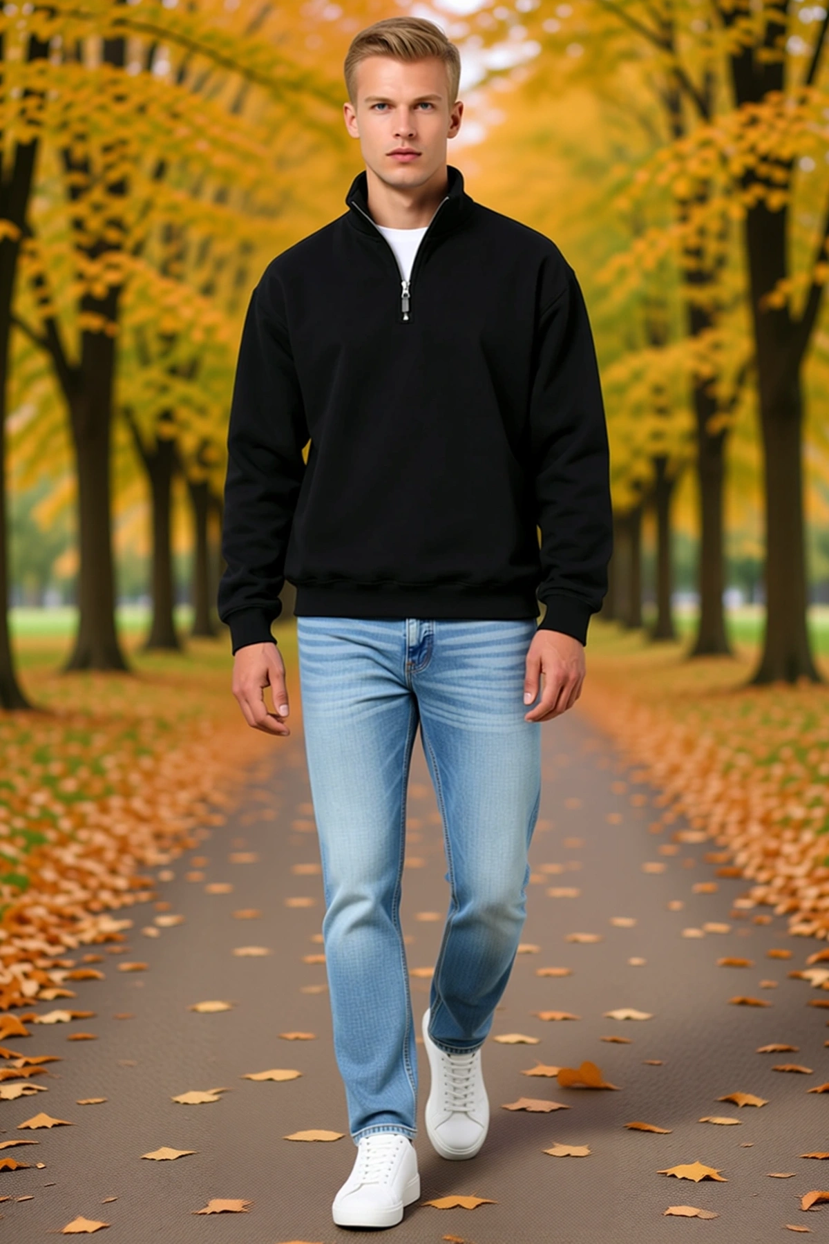 Erkek Üç İplik İçi Şardonlu Dik Yaka Yarım Fermuarlı Kışlık Sweatshirt Günlük Kesim Modern Sezonluk