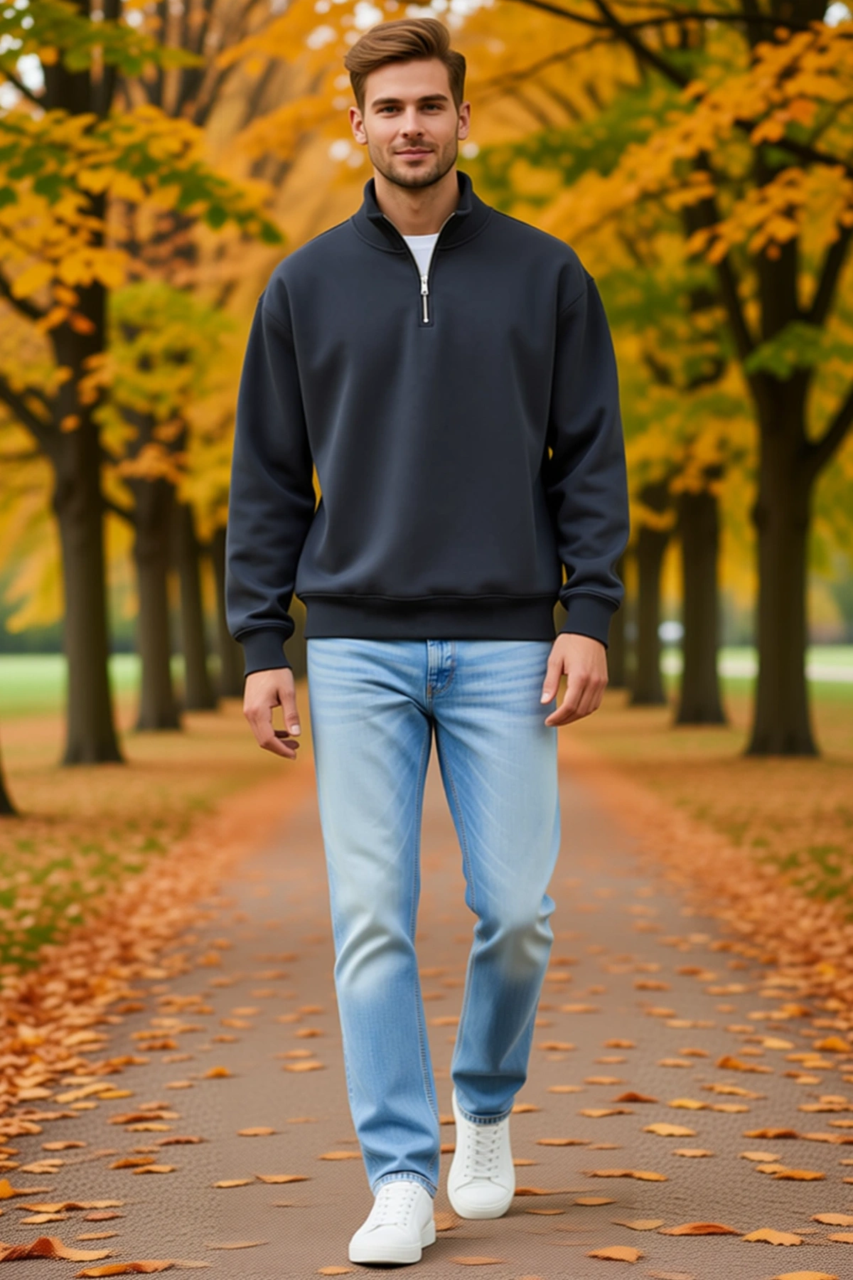 Erkek Üç İplik İçi Şardonlu Dik Yaka Yarım Fermuarlı Uzun Kollu Kışlık Sweatshirt Yumuşak Dokulu