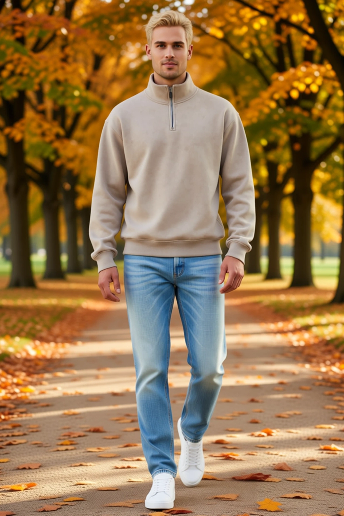 Erkek Üç İplik İçi Şardonlu Dik Yaka Yarım Fermuarlı Kışlık Sweatshirt Rahat Kesim Sezonluk Günlük