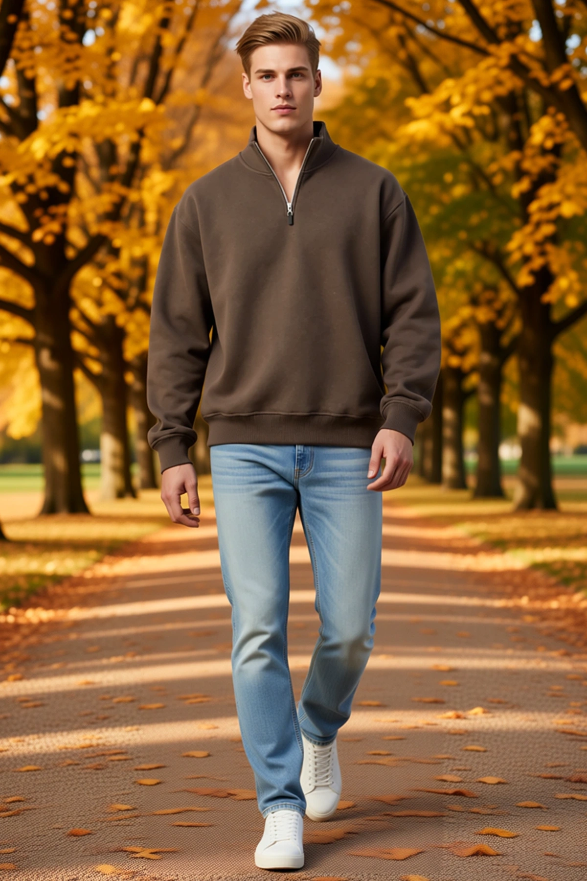 Erkek Üç İplik İçi Şardonlu Dik Yaka Yarım Fermuarlı Kışlık Sweatshirt Rahat Kesim Modern Sezonluk