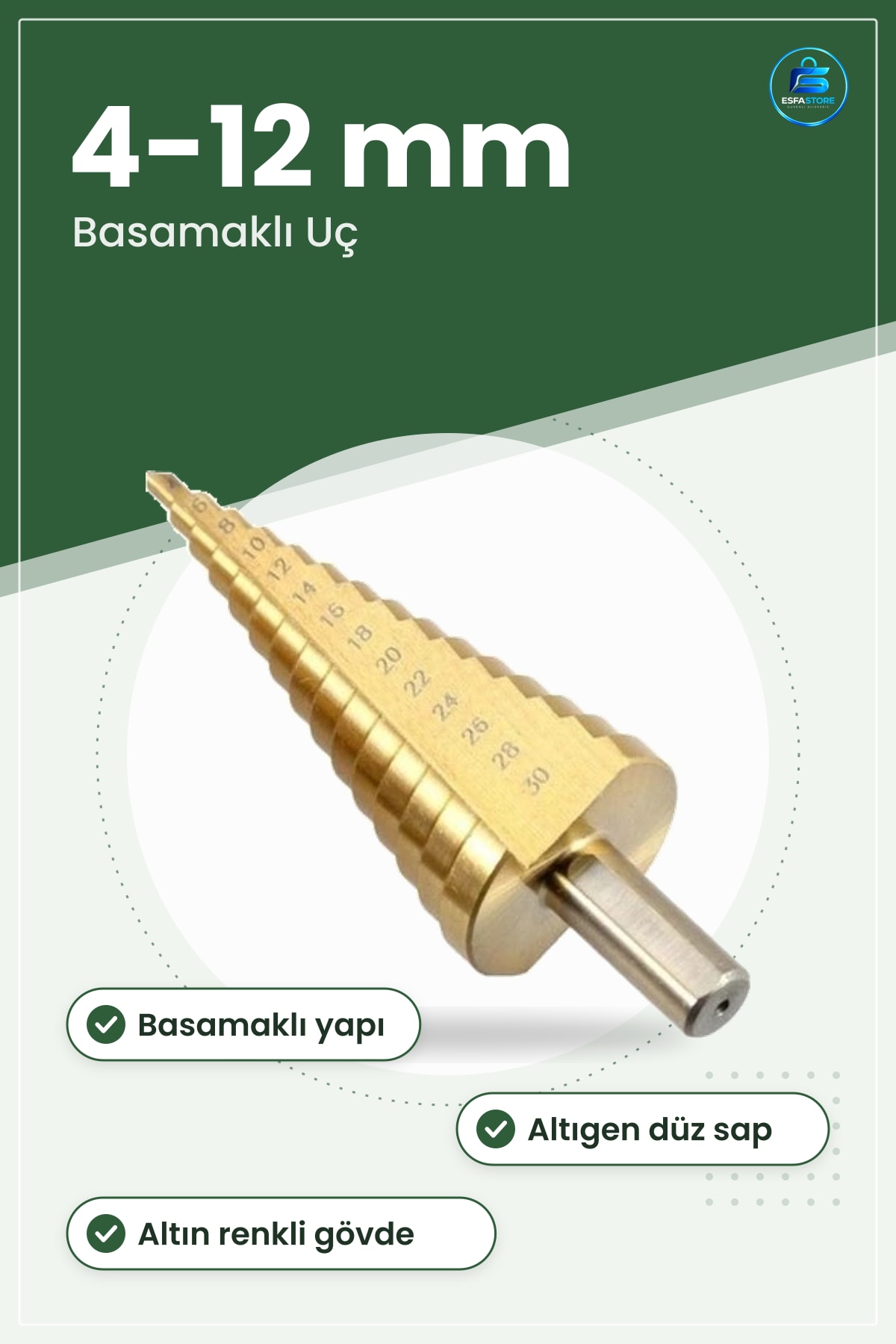 Kademeli Matkap Ucu 4 ile 12 mm Arası Altın Renkli Basamaklı Çaplarda Delik Açma Aksesuarı