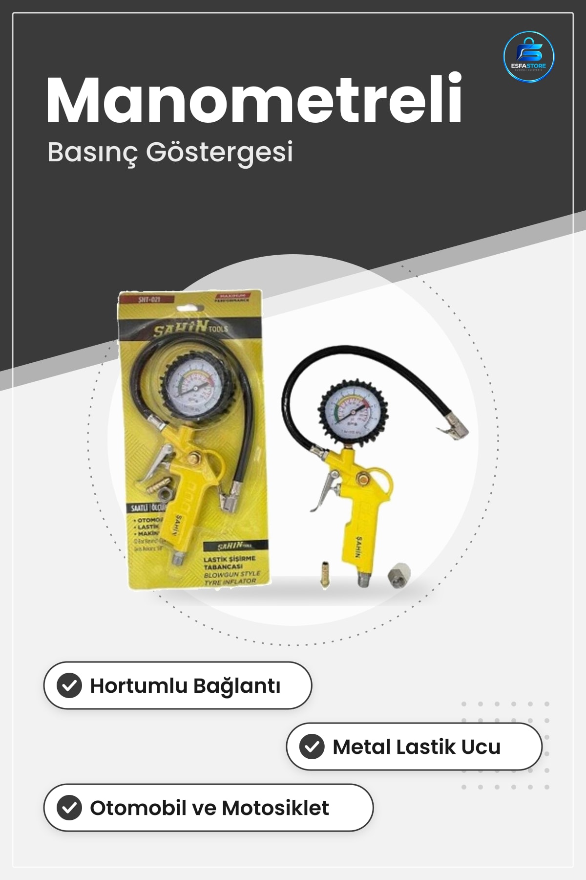 Lastik Şişirme Tabancası Araç Kompresörü Manometreli Hortumlu Oto Tekerlek Basınç Şişirici