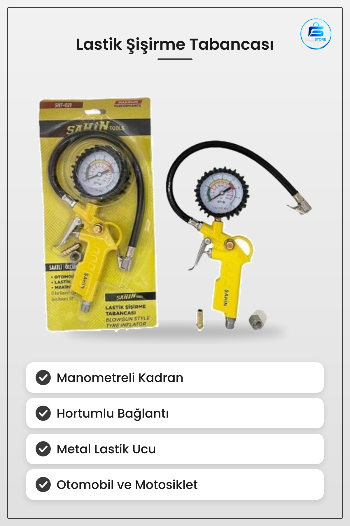 Lastik Şişirme Tabancası Araç Kompresörü Manometreli Hortumlu Oto Tekerlek Basınç Şişirici