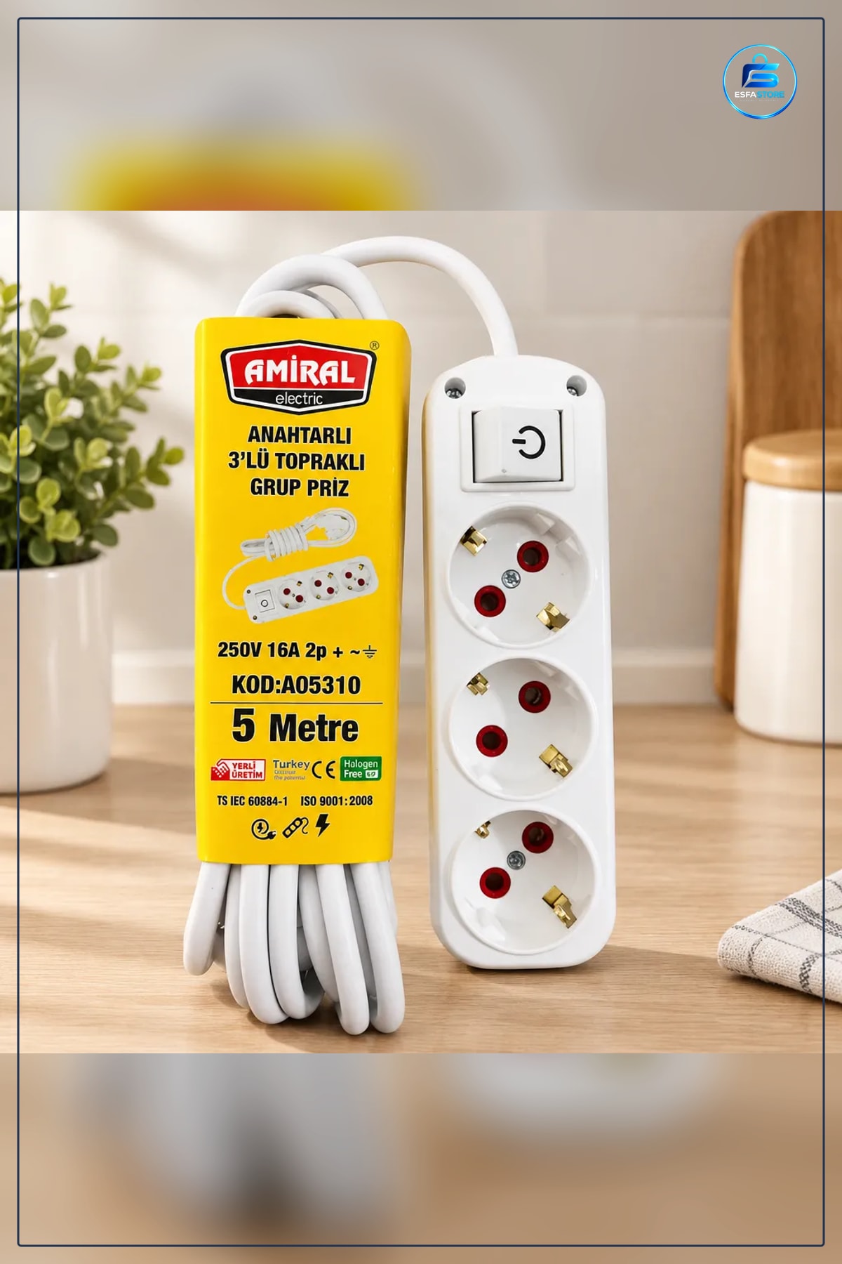 Anahtarlı 5 m Grup Priz Uzatma Kablosu 3'lü Topraklı 250V 16A Ev ve Ofis İçin Pratik Kullanım