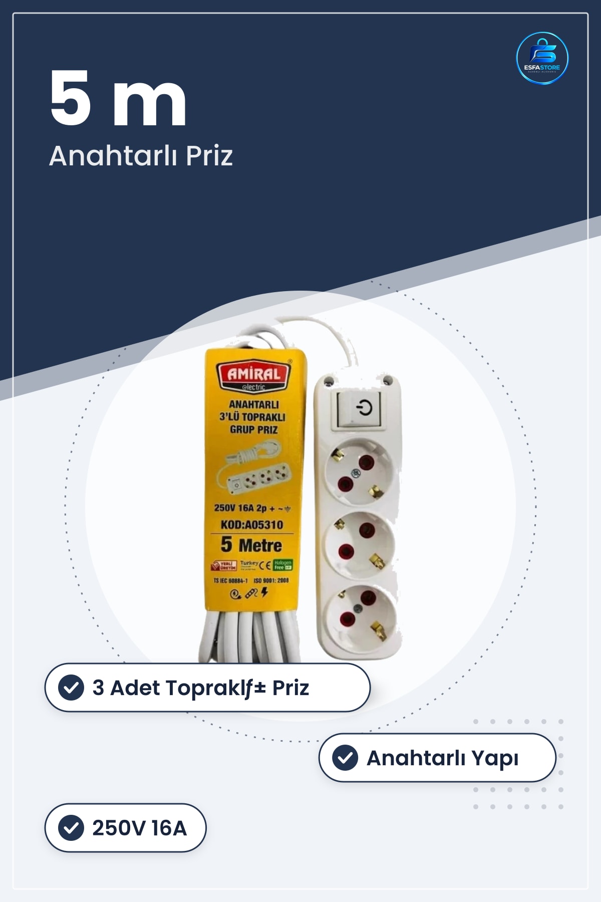 Anahtarlı 5 m Grup Priz Uzatma Kablosu 3'lü Topraklı 250V 16A Ev ve Ofis İçin Pratik Kullanım