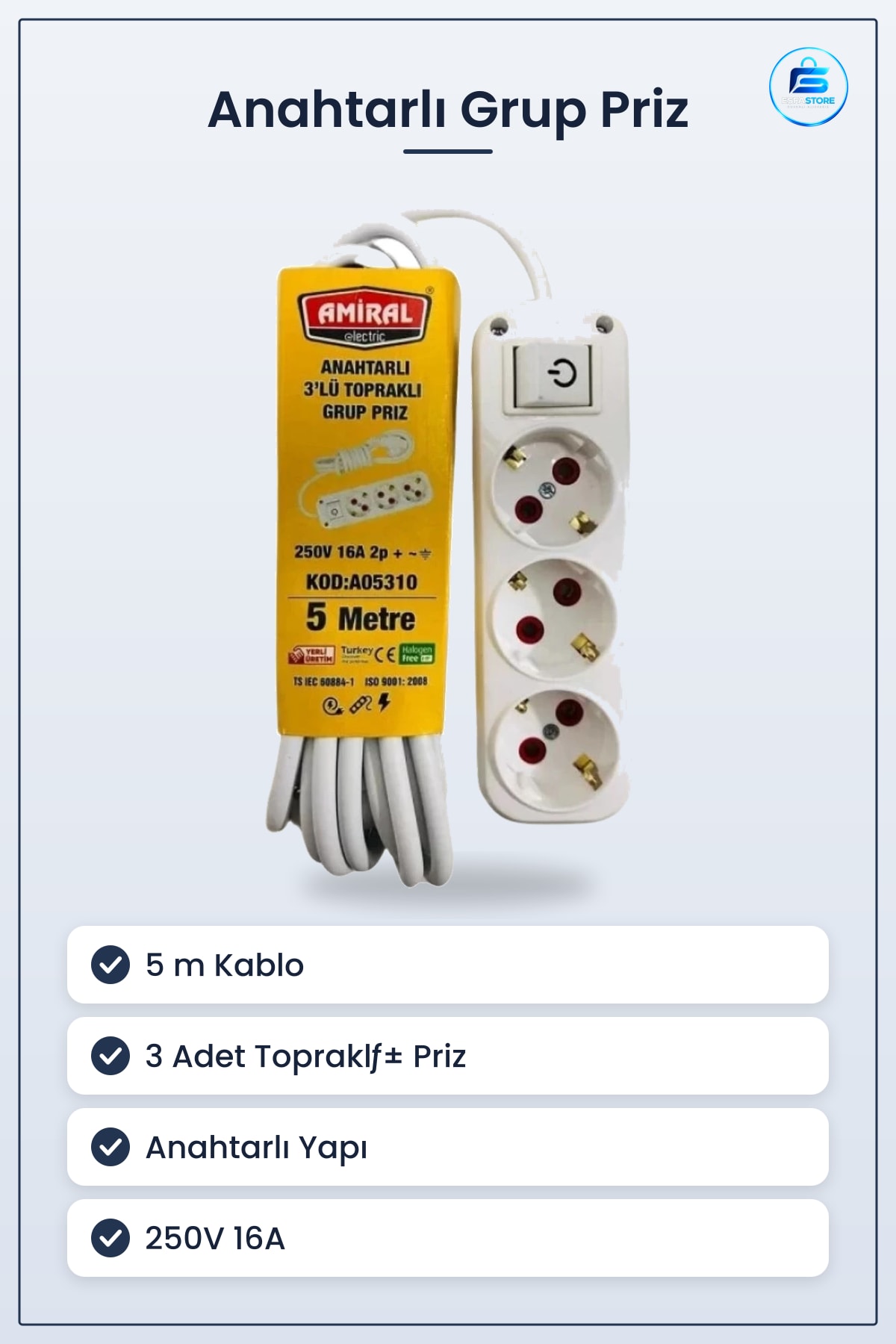 Anahtarlı 5 m Grup Priz Uzatma Kablosu 3'lü Topraklı 250V 16A Ev ve Ofis İçin Pratik Kullanım