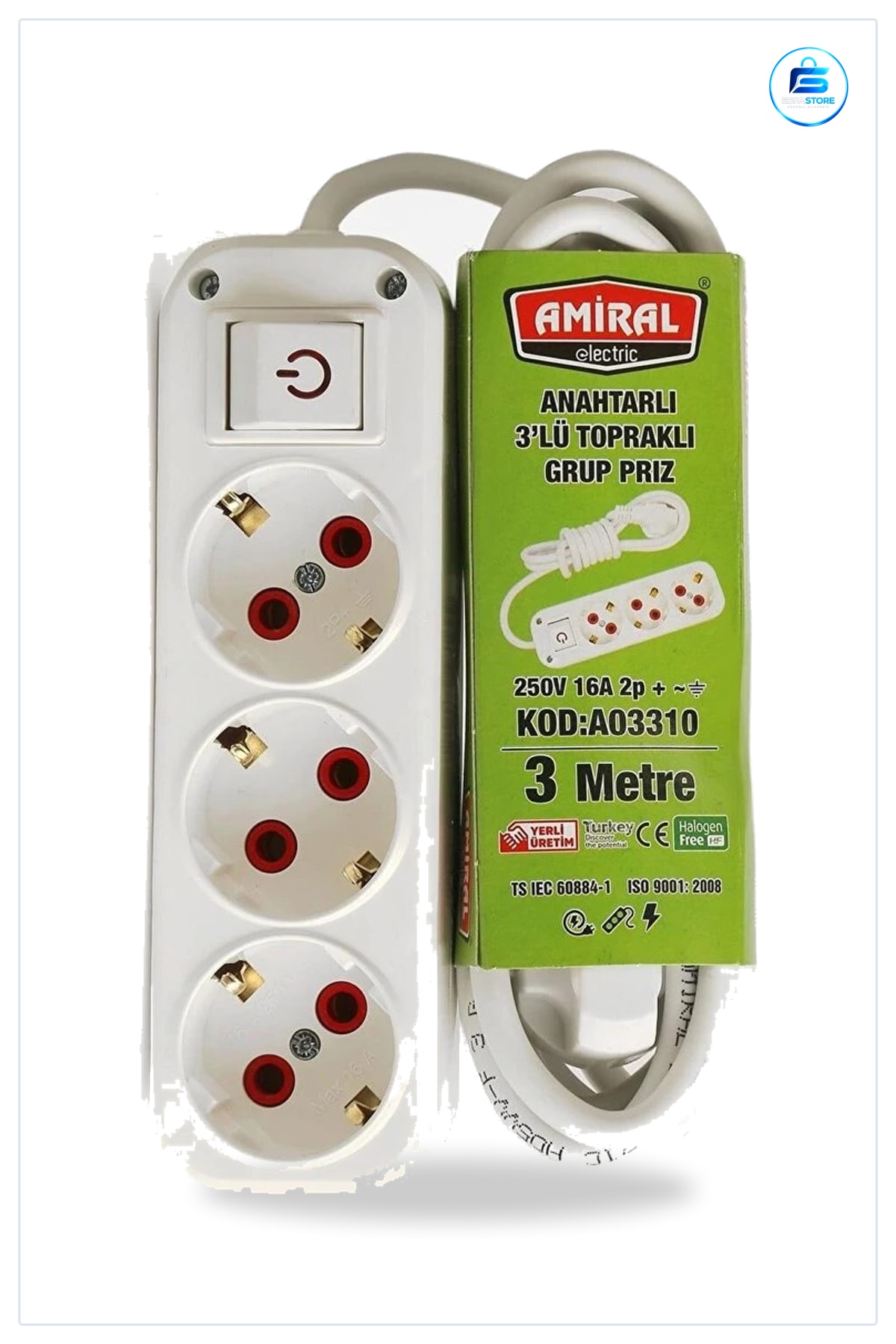 Anahtarlı Grup Priz 3 m Uzatma Kablosu Topraklı Üçlü Çıkış Ev Ofis Elektrik Tesisat Mutfak
