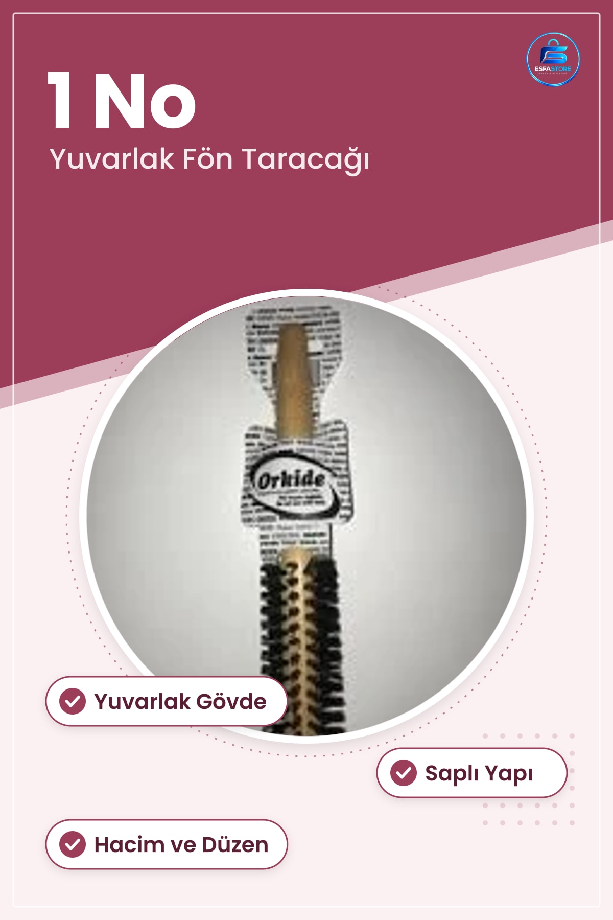 Fön Tarağı 1 Adet Yuvarlak Gövdeli Saç Fırçası ve Tarak Saplı Hacim Düzen Şekillendirme
