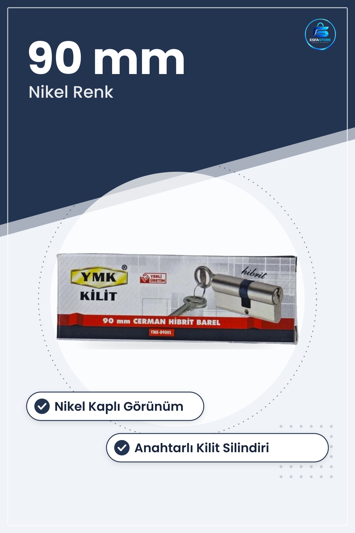 Hibrit Cerman Barel 90 mm Kapı Kilit Silindiri Nikel Renk Yerli Üretim Ev Hırdavatı