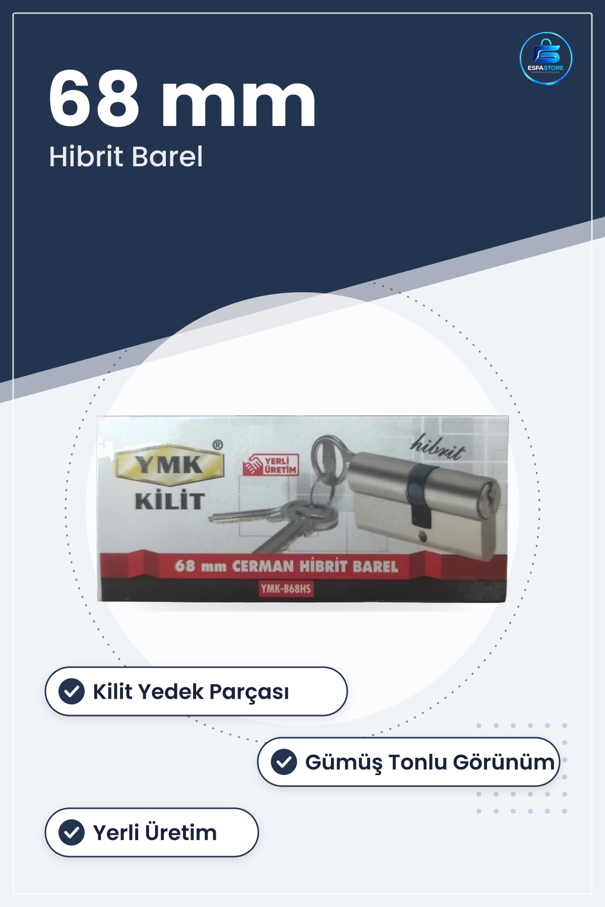 Cerman Hibrit Barel 68 mm Kapı Hırdavatı Yedek Parça Gümüş Tonlu Yerli Üretim Ev Kapısı Kilidi