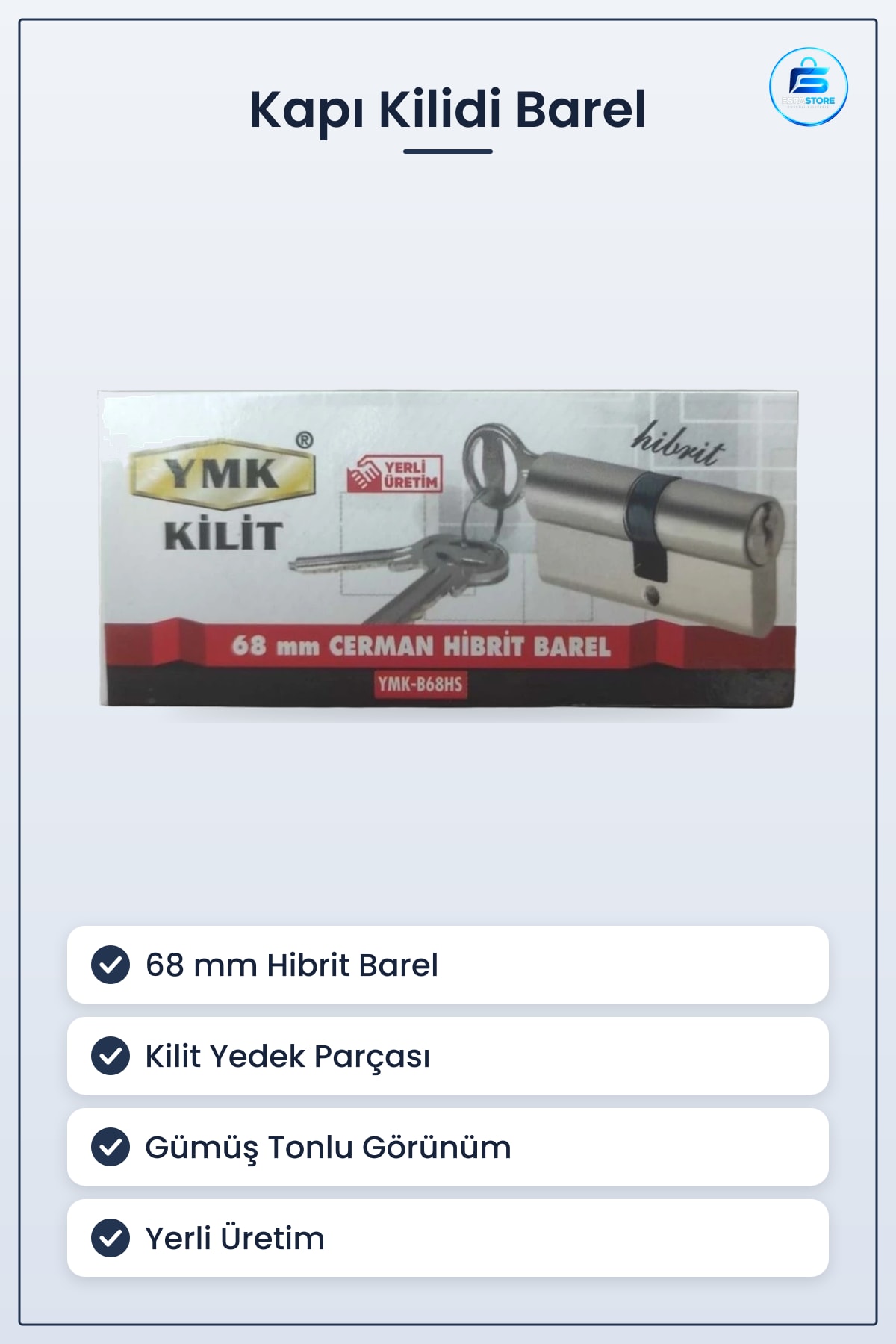 Cerman Hibrit Barel 68 mm Kapı Hırdavatı Yedek Parça Gümüş Tonlu Yerli Üretim Ev Kapısı Kilidi