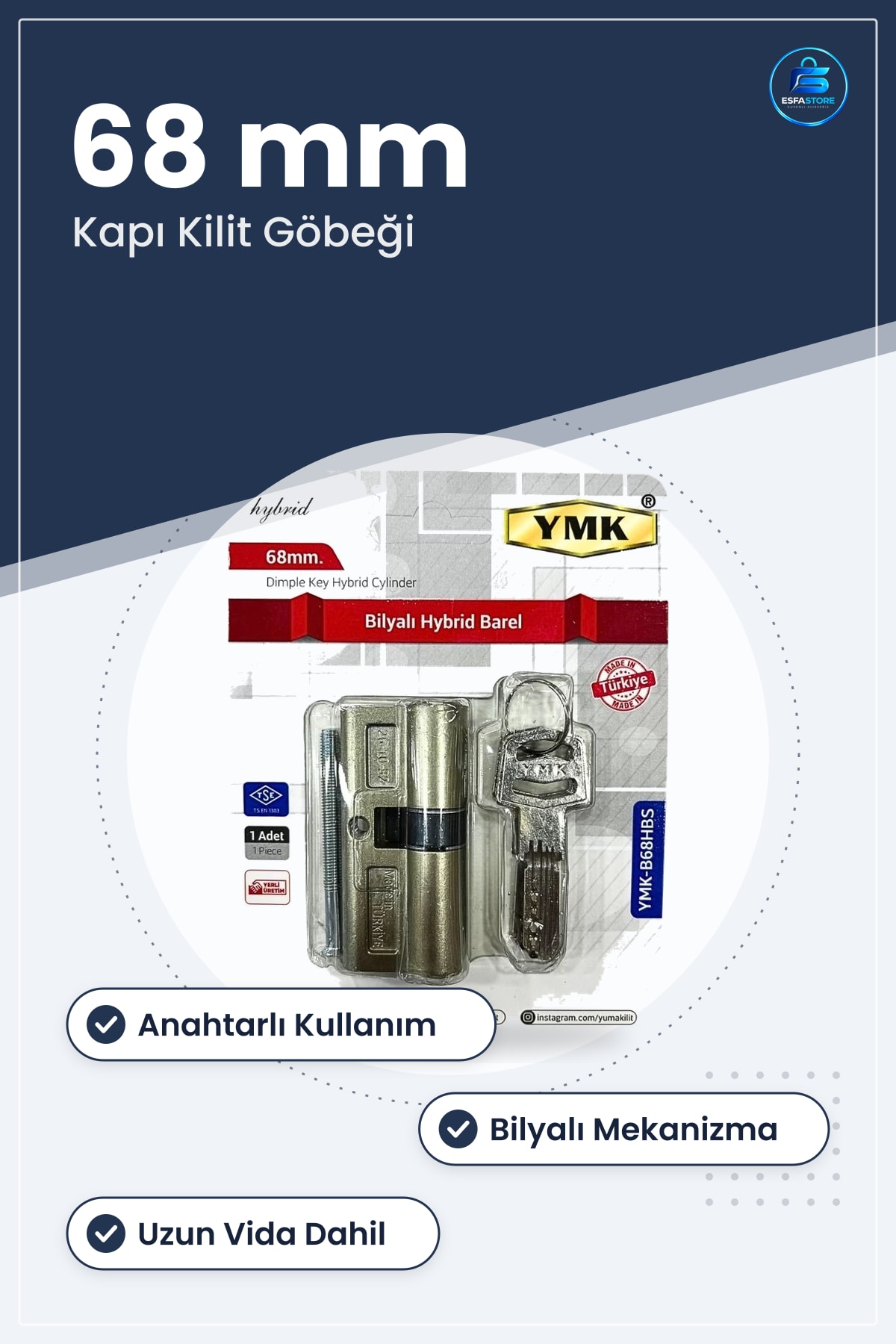 Bilyalı Hibrit Barel 68mm Kilit Göbeği Yerli Üretim Anahtarlı Kapı Kilidi Hırdavatı