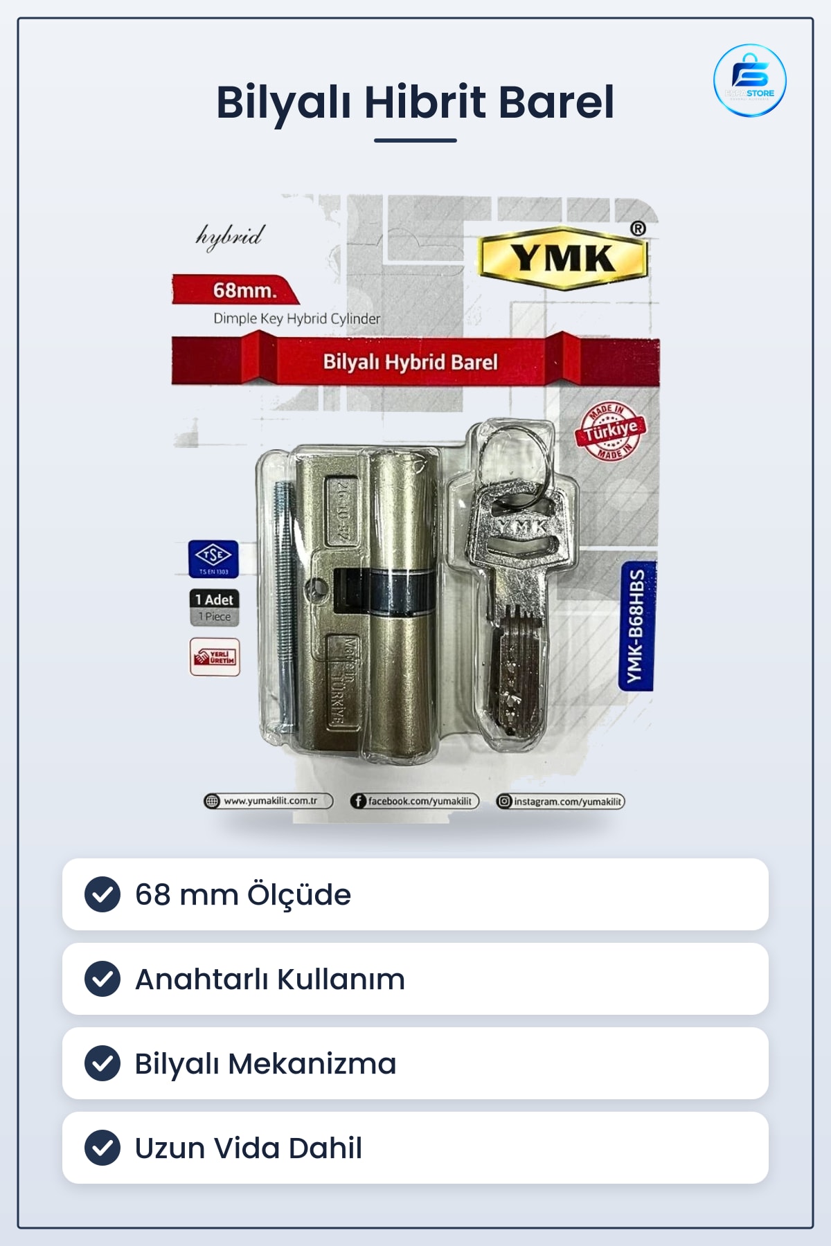 Bilyalı Hibrit Barel 68mm Kilit Göbeği Yerli Üretim Anahtarlı Kapı Kilidi Hırdavatı