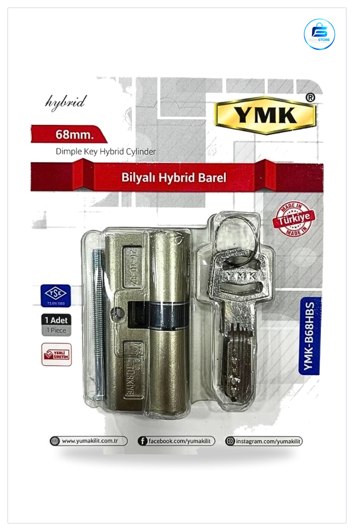 Bilyalı Hibrit Barel 68mm Kilit Göbeği Yerli Üretim Anahtarlı Kapı Kilidi Hırdavatı
