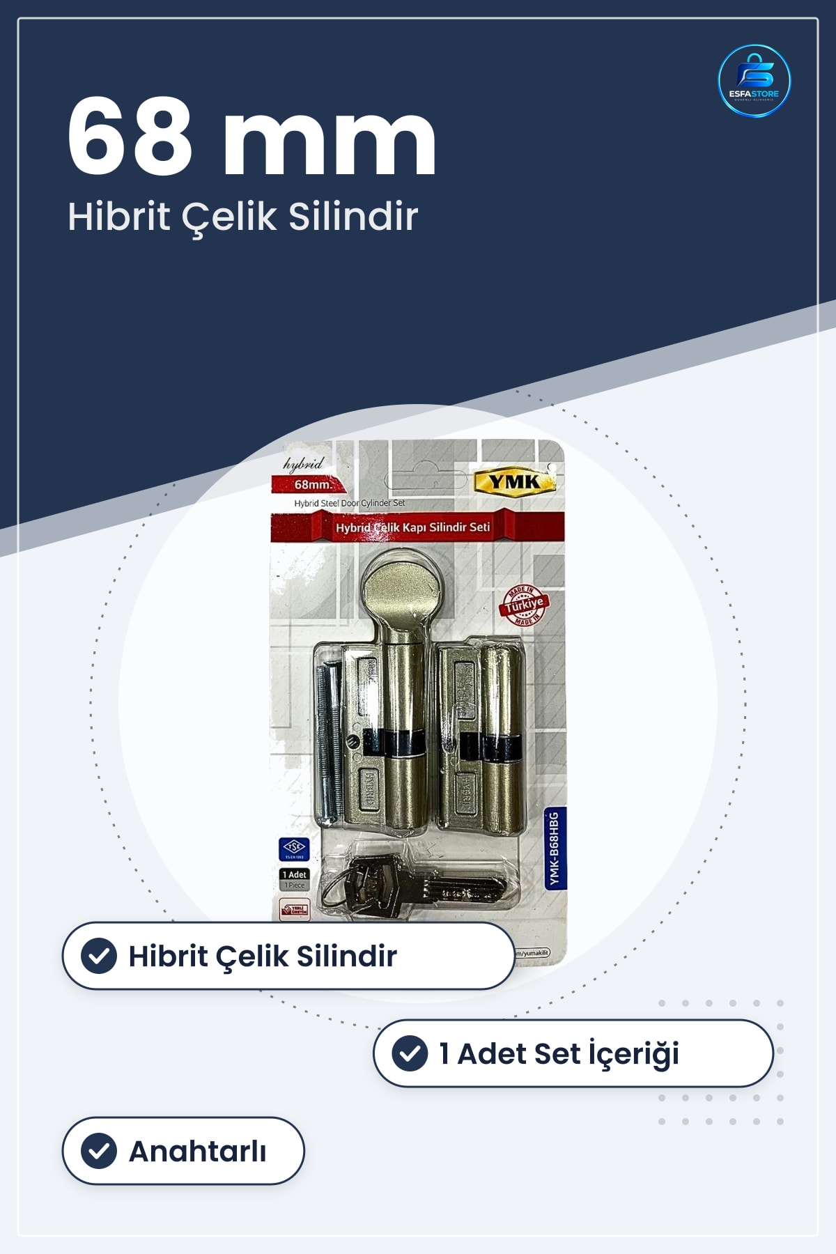 Kapı Silindir Seti Hibrit Çelik 68 mm Kilit Mekanizması Hırdavat Ev Ofis Anahtarlı