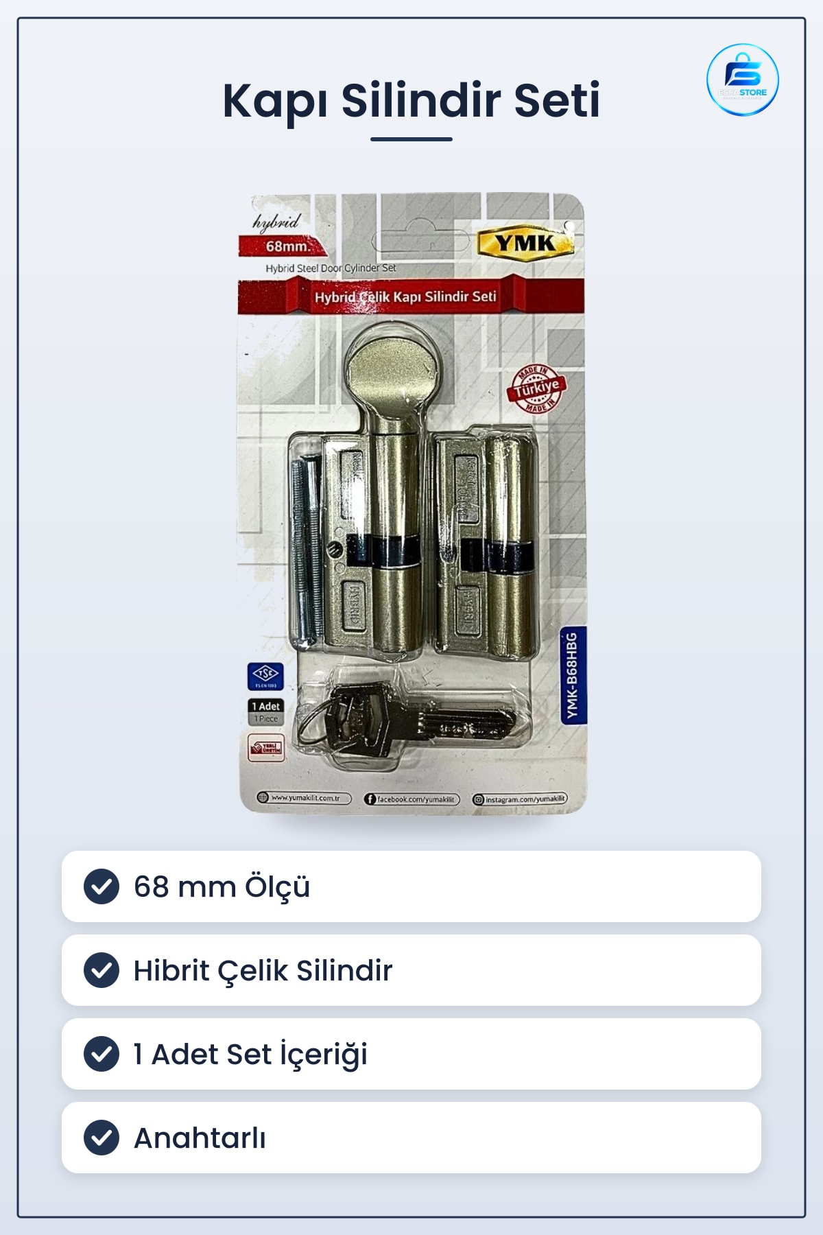 Kapı Silindir Seti Hibrit Çelik 68 mm Kilit Mekanizması Hırdavat Ev Ofis Anahtarlı