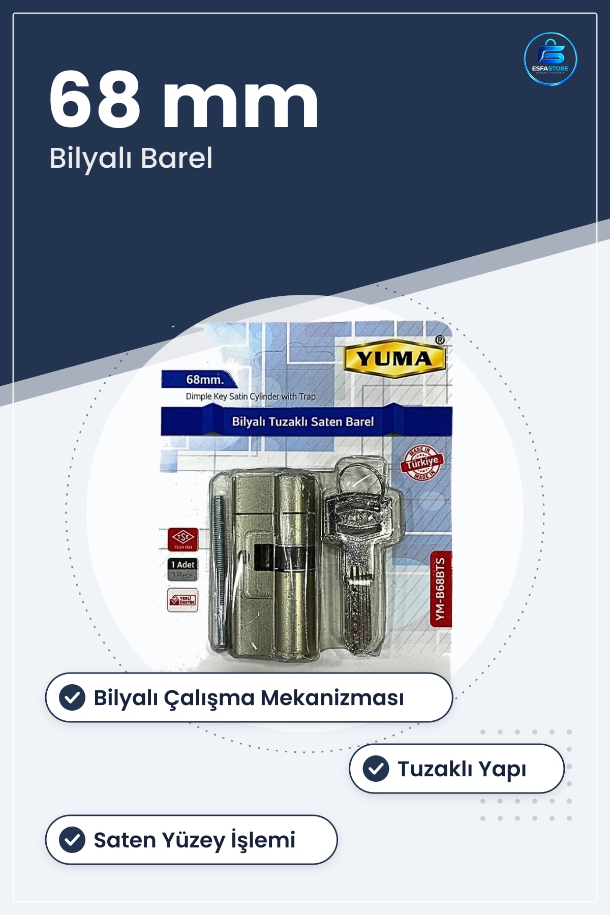 Bilyalı Tuzaklı Saten Barel 68 mm Kilit Silindiri Kapı Kilidi Güvenlik Anahtarlı Ürünü